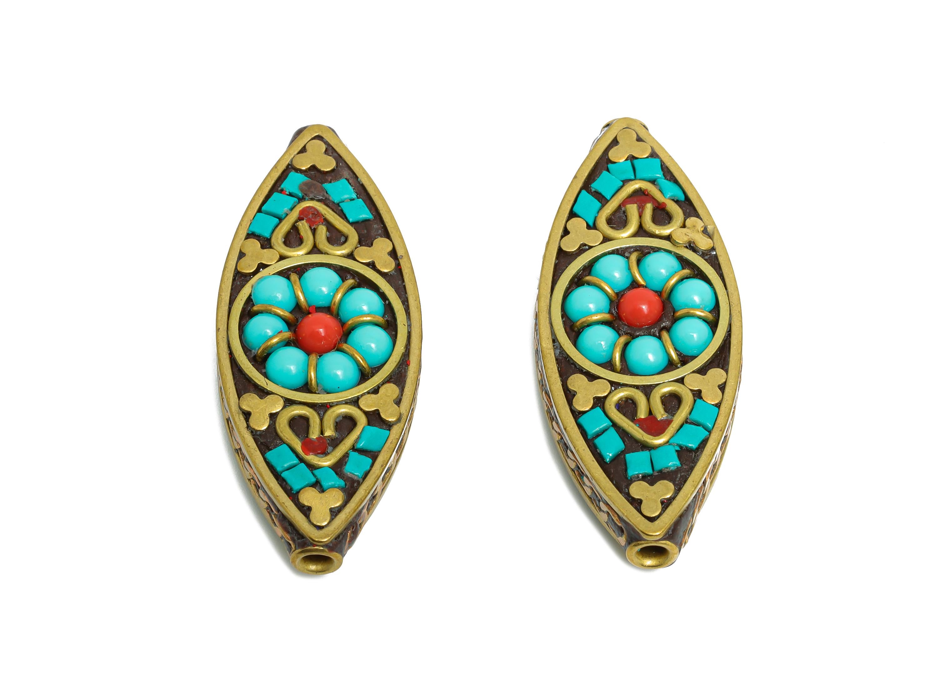 Brass Handmade Bead - Nepalese/Tibetan Traditional Ornament - Bohemian Marquise Bracelet Bead - Cultural Craft - 42x17x9mm - RGP9863 - DOMEDBAZAAR