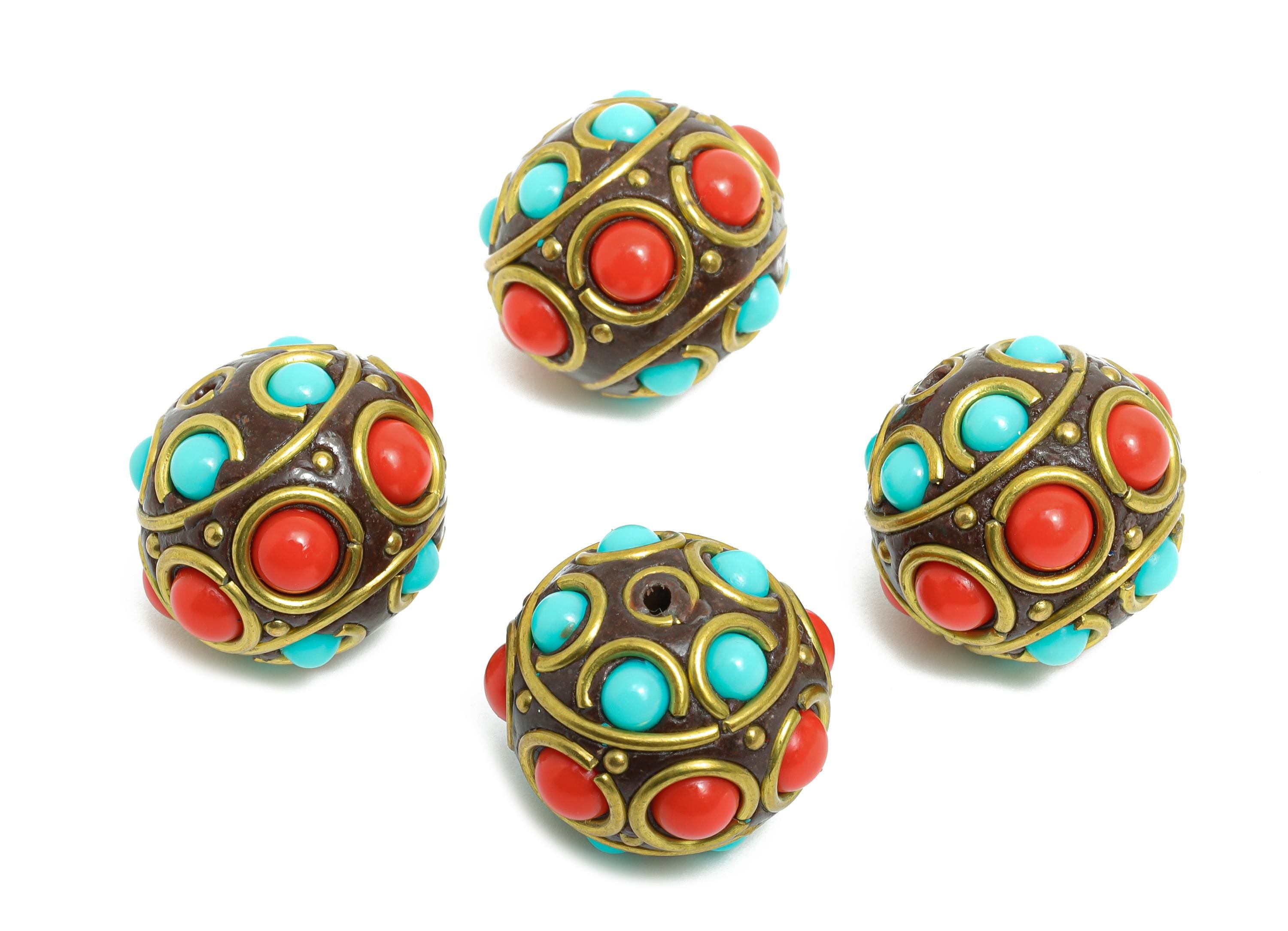 Brass Colorful Bohemian Beads - Nepalese/Tibetan Round Bracelet Bead - Ball Handmade Bead - Artisan Craft Beads - 17x18x18mm - RGP9871 - DOMEDBAZAAR
