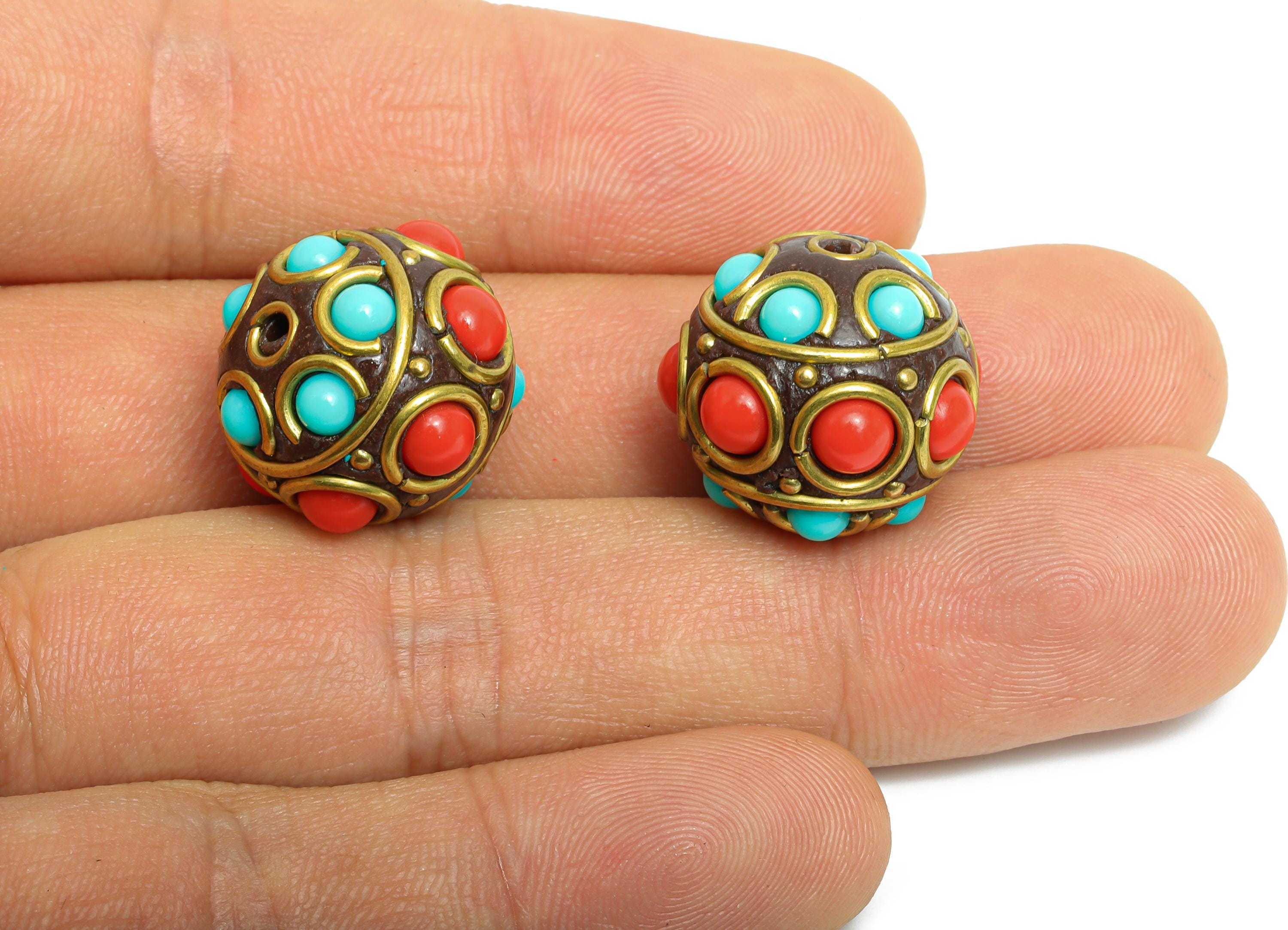 Brass Colorful Bohemian Beads - Nepalese/Tibetan Round Bracelet Bead - Ball Handmade Bead - Artisan Craft Beads - 17x18x18mm - RGP9871 - DOMEDBAZAAR