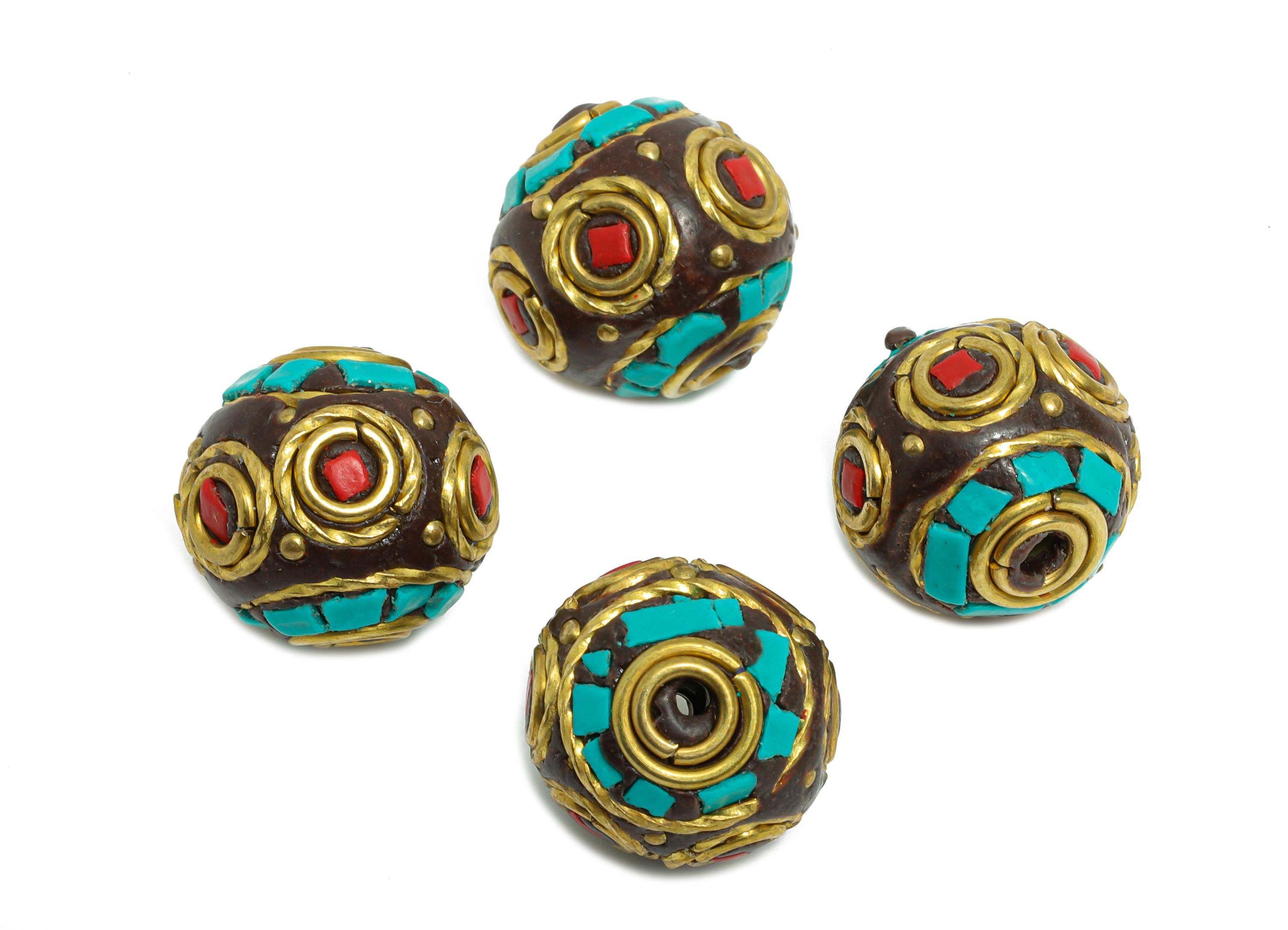 Brass Colorful Bohemian Beads - Nepalese/Tibetan Round Bracelet Bead - Ball Handmade Bead - Artisan Craft Bead - 15x14x15mm - RGP9872 - DOMEDBAZAAR