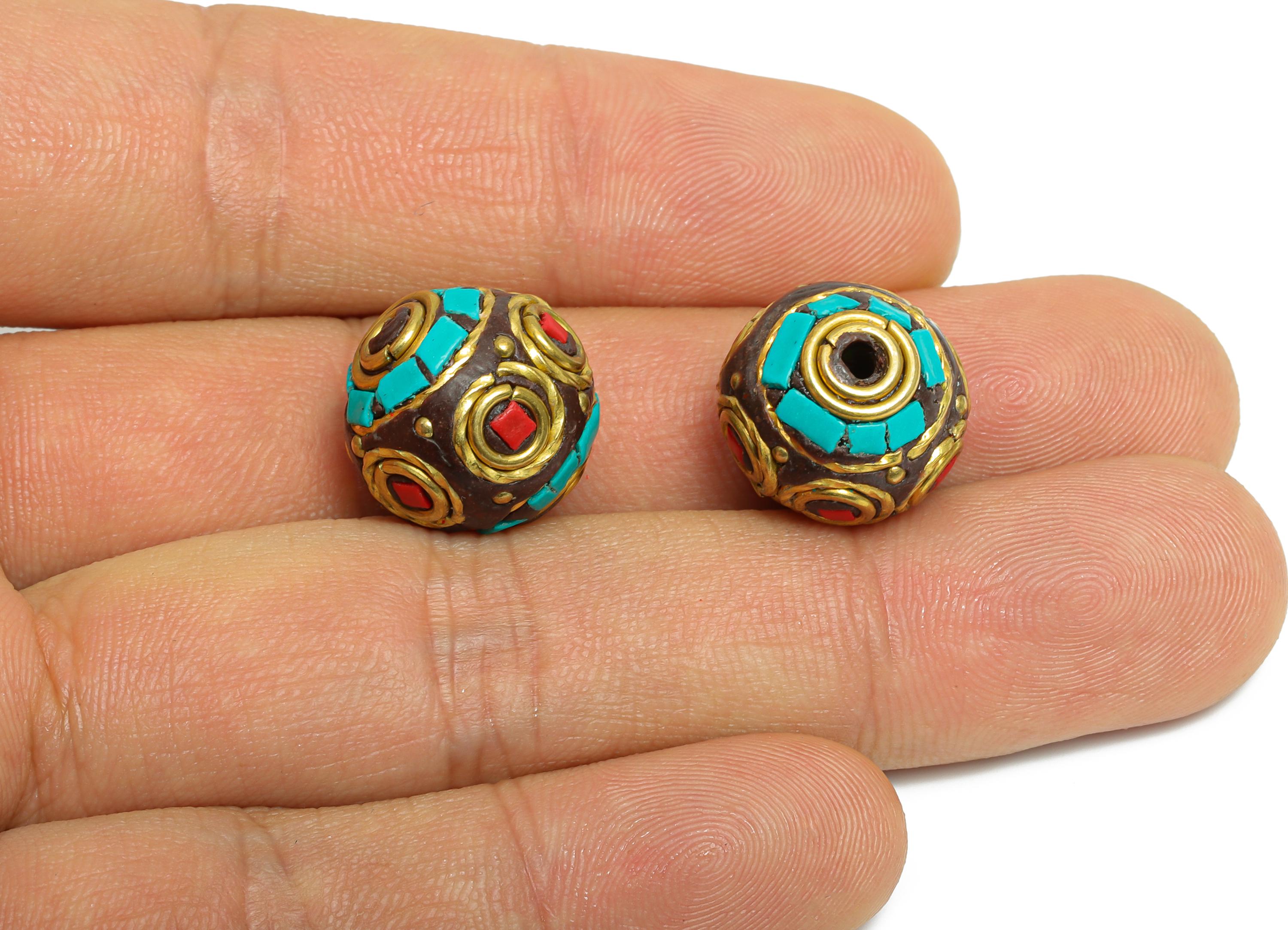 Brass Colorful Bohemian Beads - Nepalese/Tibetan Round Bracelet Bead - Ball Handmade Bead - Artisan Craft Bead - 15x14x15mm - RGP9872 - DOMEDBAZAAR