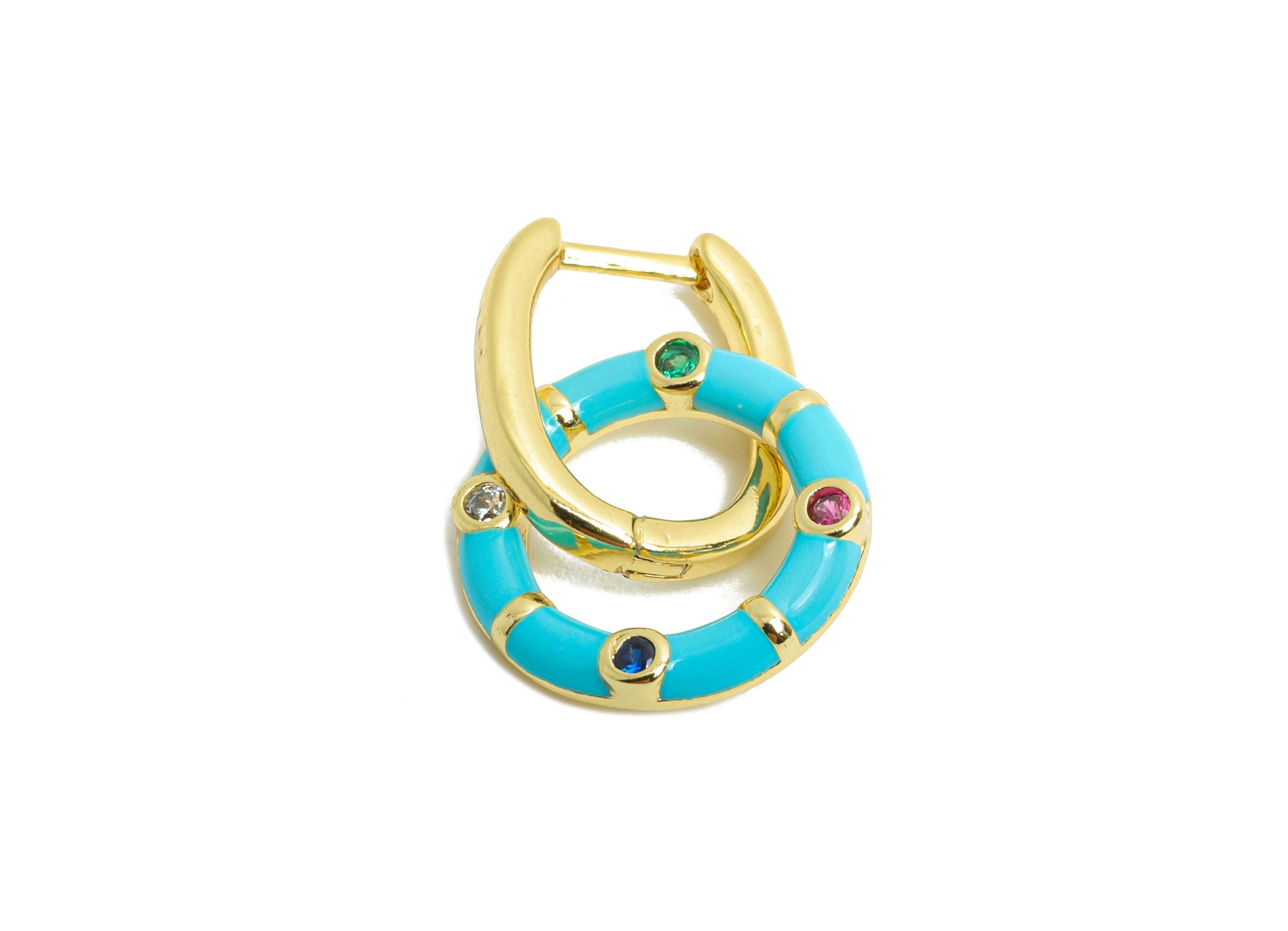 Dangle U Hoop Clasp Earring - Blue Enamel Donut Earring - Brass CZ English Lock Hoop Clasp - 18K Gold Plated - 22.43x13.31x2.19mm - RGP9775 - DOMEDBAZAAR