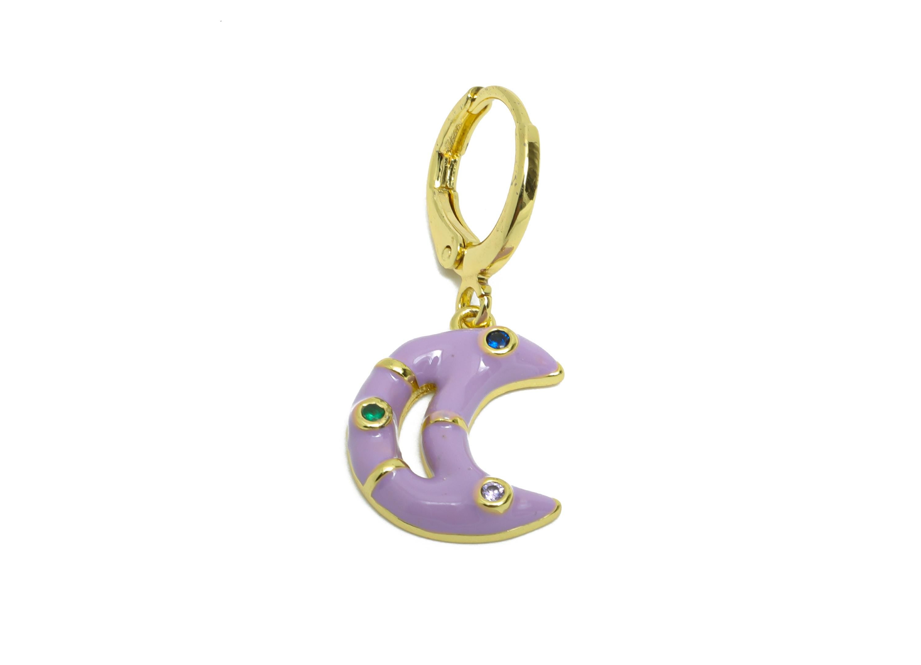 Dangle Hoop Lever back Earring - Purple Enamel Crescent Earring - Brass CZ Huggie Hoop Clasp - 18K Real Gold Plated -30.03x12.70x3mm-RGP9807 - DOMEDBAZAAR