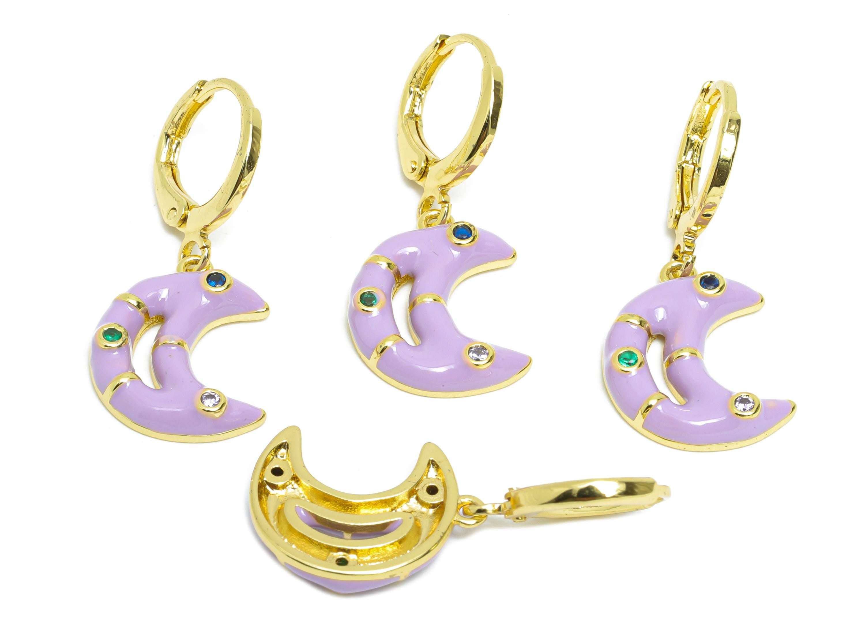 Dangle Hoop Lever back Earring - Purple Enamel Crescent Earring - Brass CZ Huggie Hoop Clasp - 18K Real Gold Plated -30.03x12.70x3mm-RGP9807 - DOMEDBAZAAR