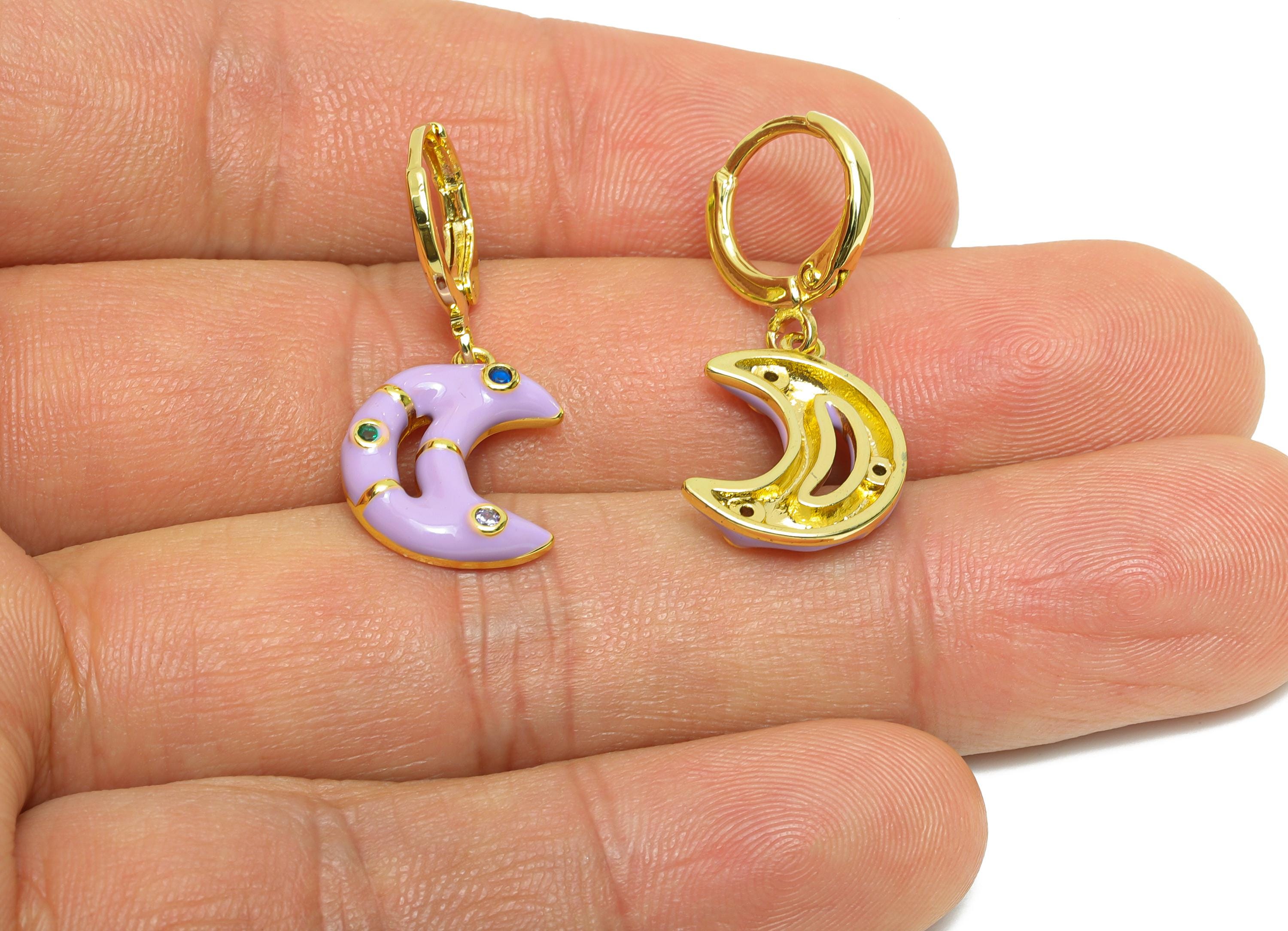 Dangle Hoop Lever back Earring - Purple Enamel Crescent Earring - Brass CZ Huggie Hoop Clasp - 18K Real Gold Plated -30.03x12.70x3mm-RGP9807 - DOMEDBAZAAR