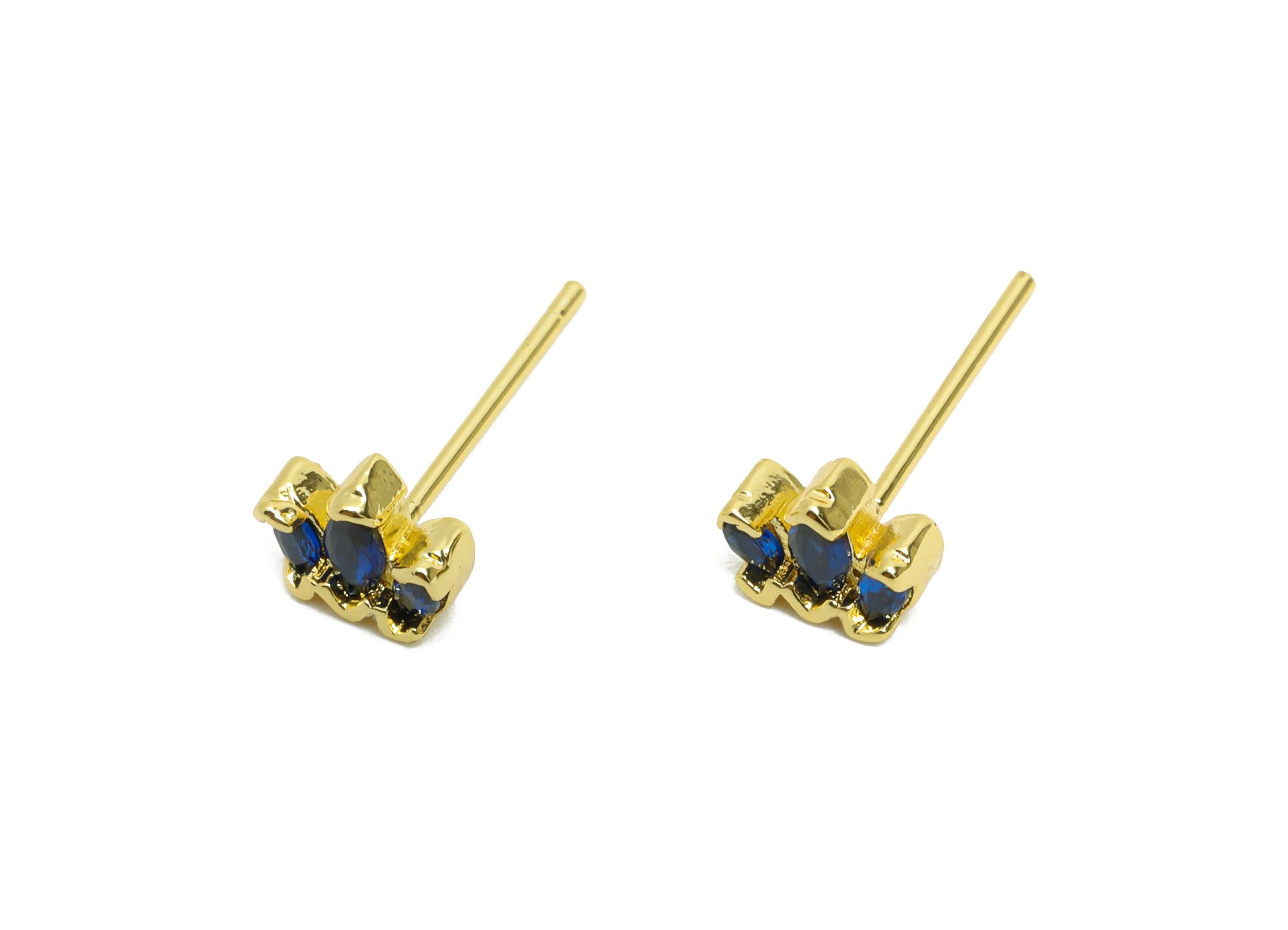 Brass CZ Crown Stud - Mini Blue Marquise Earring Post for Girls - Gold Minimalism Jewelry - 18K Real Gold Plated - 5.27x6.67x0.78mm -RGP9838 - DOMEDBAZAAR