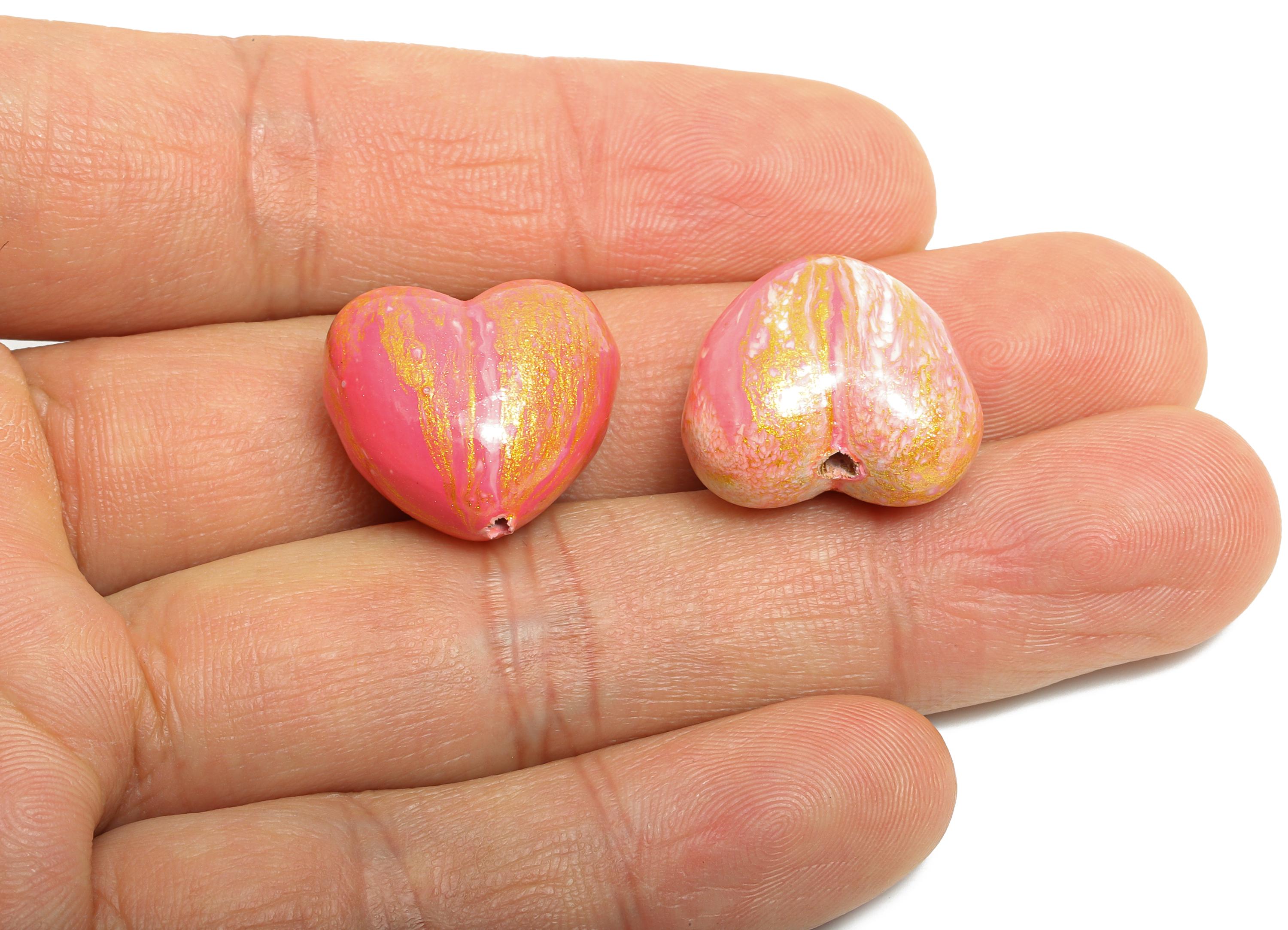 lacqver Wood Heart Bead - Handcrafted Painted Bead - Romantic Pink Wood Heart Beads - Handmade Wooden Beads for Bracelet - 17x19x12mm-BB1334 - DOMEDBAZAAR