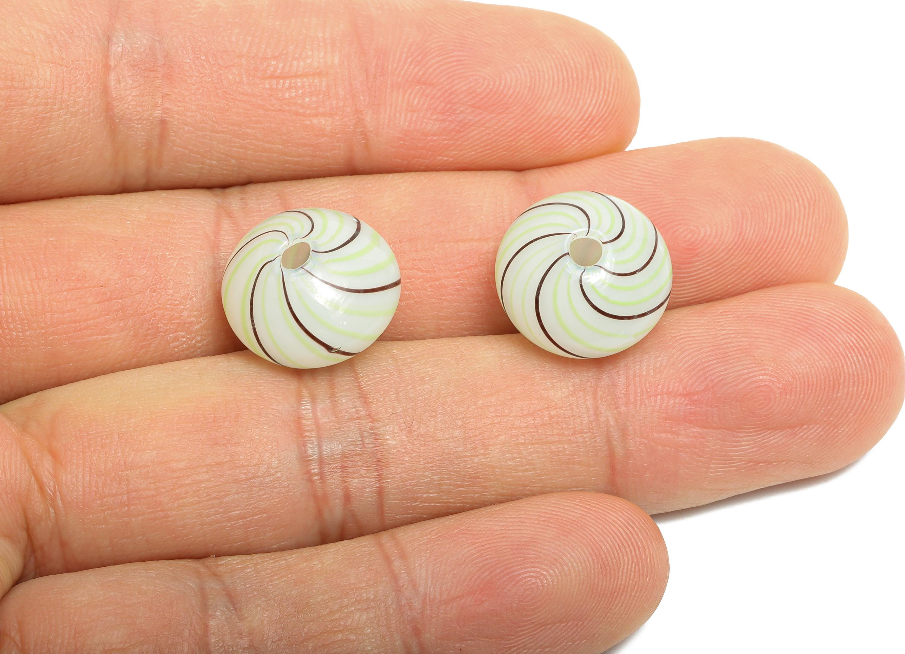 Mint Swirl Glass Bead - Enamel Green and Brown Spiral Disc Lampwork Bead - Handmade Green Swirl Pattern Glass Jewelry - 14x14x10mm - GS1347 - DOMEDBAZAAR