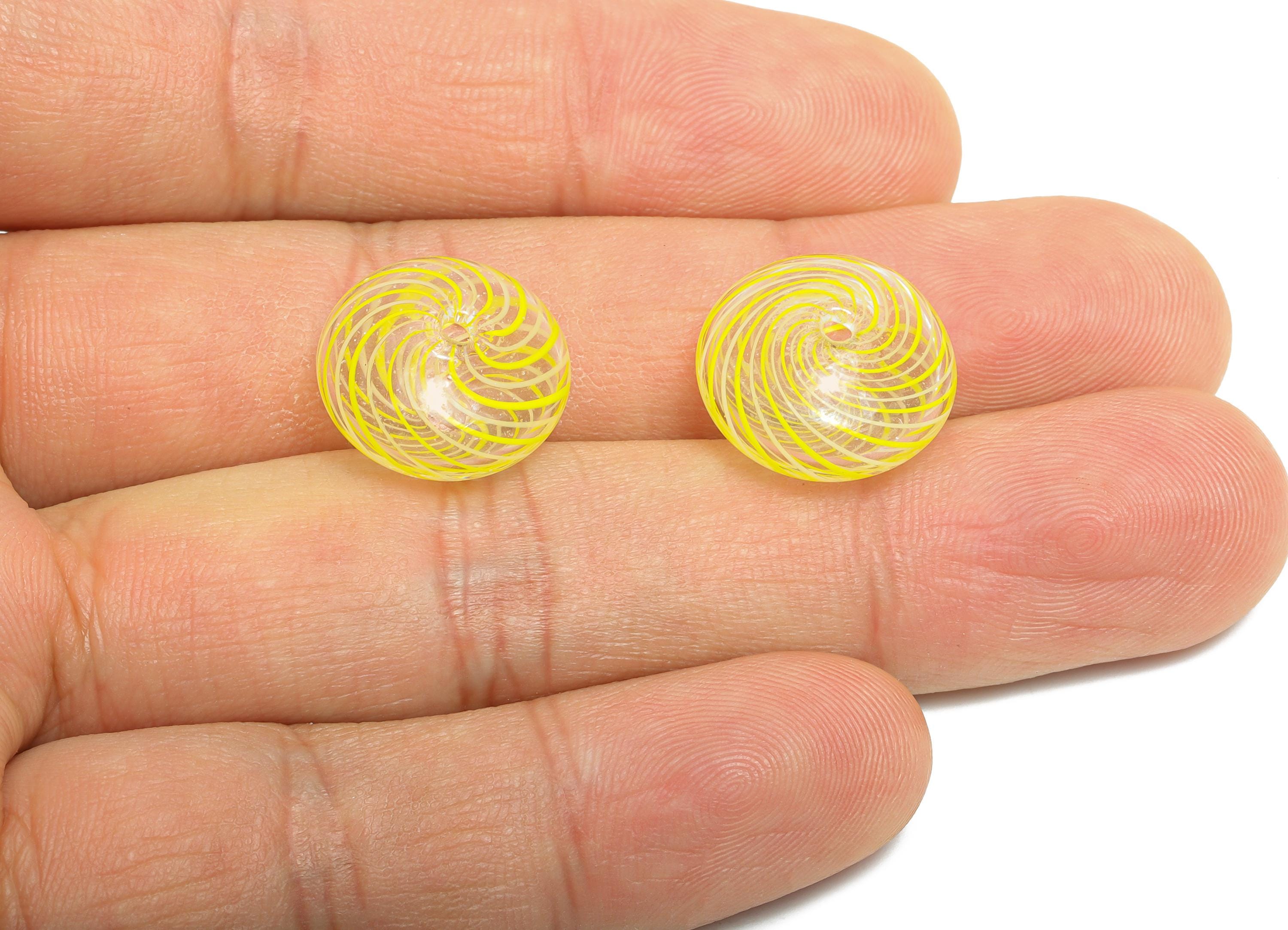 Candy Swirl Glass Beads - Enamel Yellow Peppermint Twist Lampwork Bead - Handmade Striped Donut Glass Beads - 15x15x11mm - GS1355 - DOMEDBAZAAR