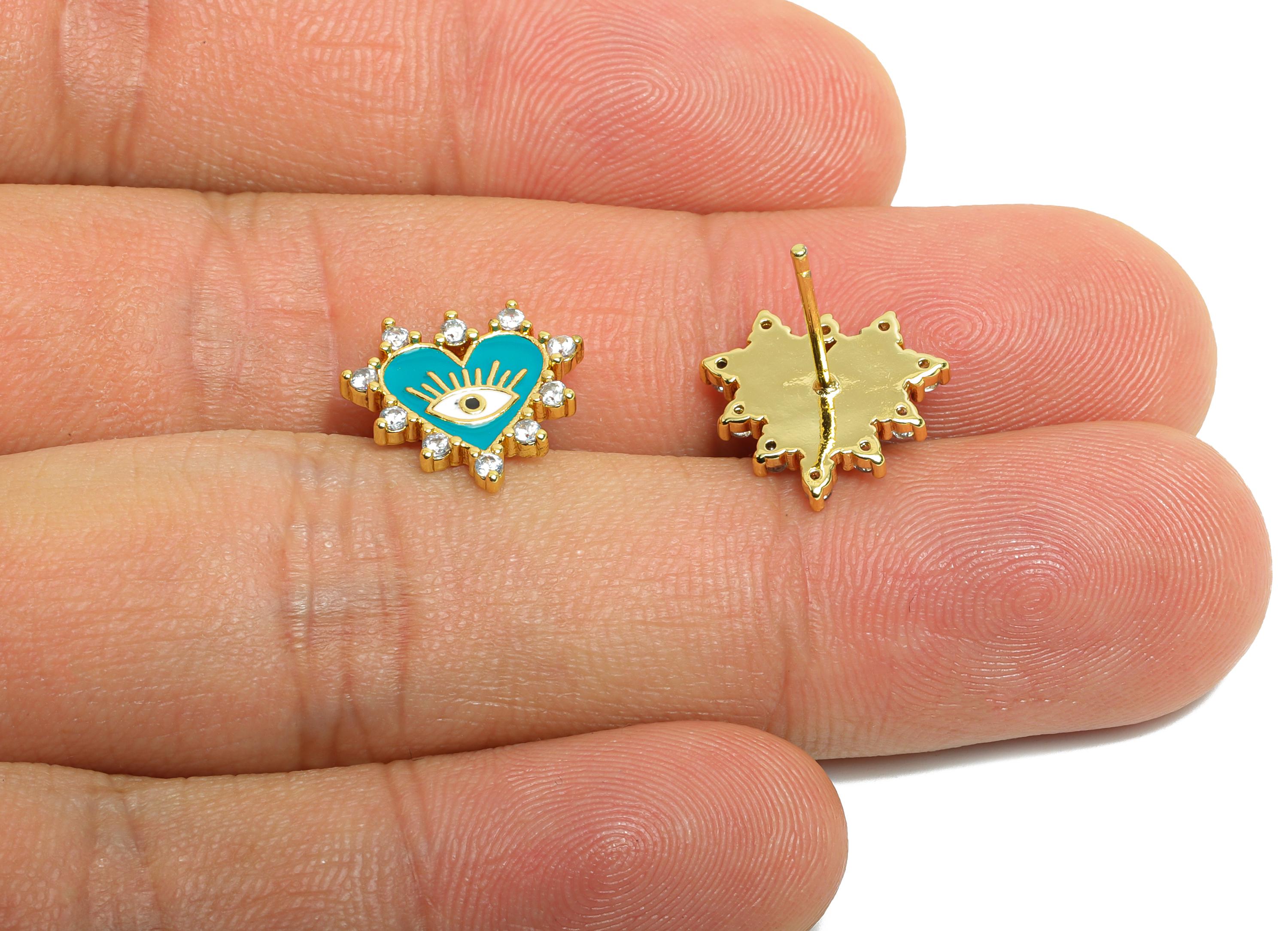 Brass CZ Heart Stud - Modern Enamel Eye Earring Post for Gift - Gold Sparkling Jewelry - 18K Real Gold Plated - 12.48x13.3x0.75mm - RGP9824 - DOMEDBAZAAR