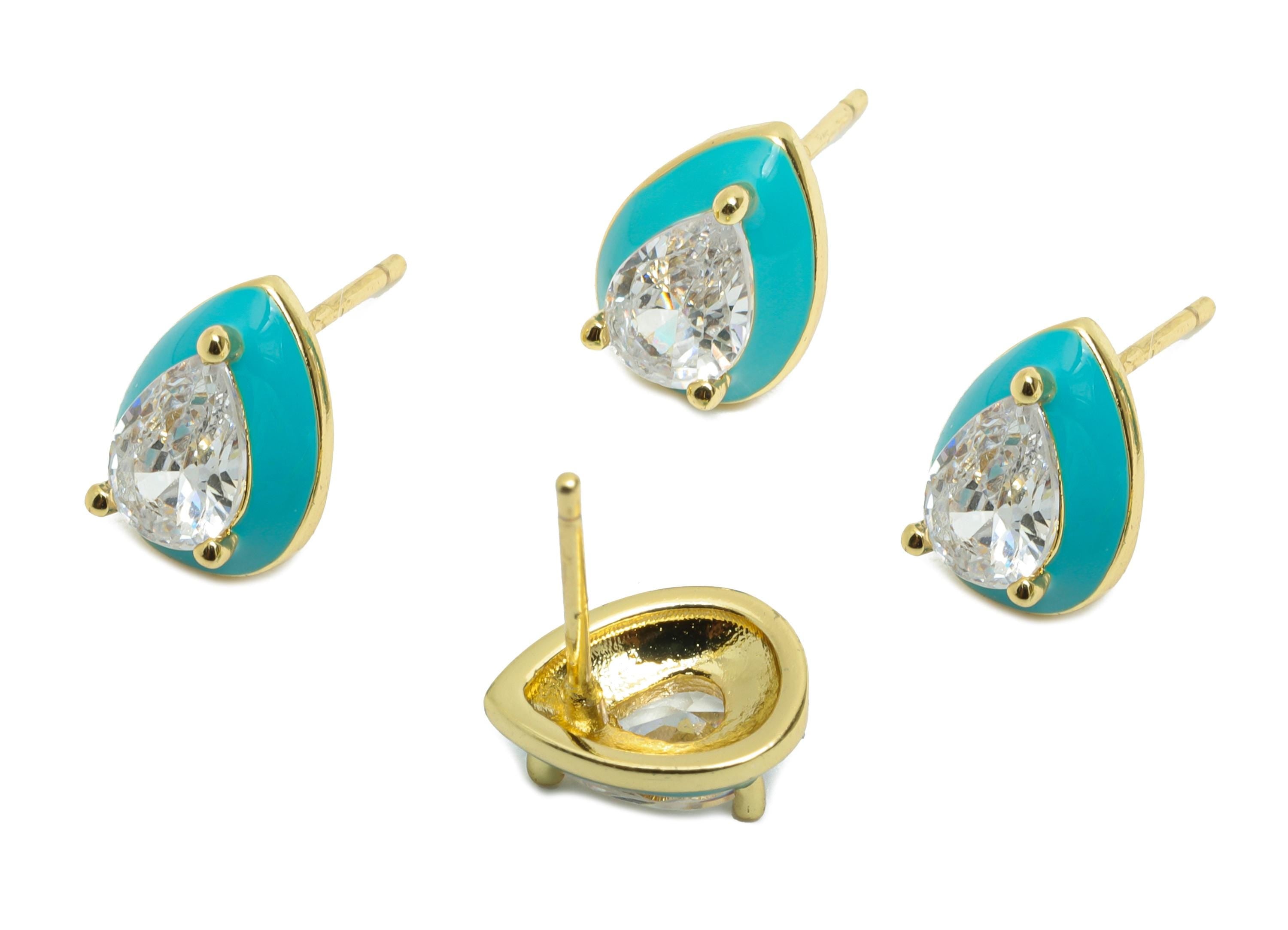 Brass CZ Drop Stud - Sparkling Zircon Enamel Earring Post for Gift - Gold Refined Jewelry - 18K Real Gold Plated - 10.73x7.9x0.79mm -RGP9840 - DOMEDBAZAAR