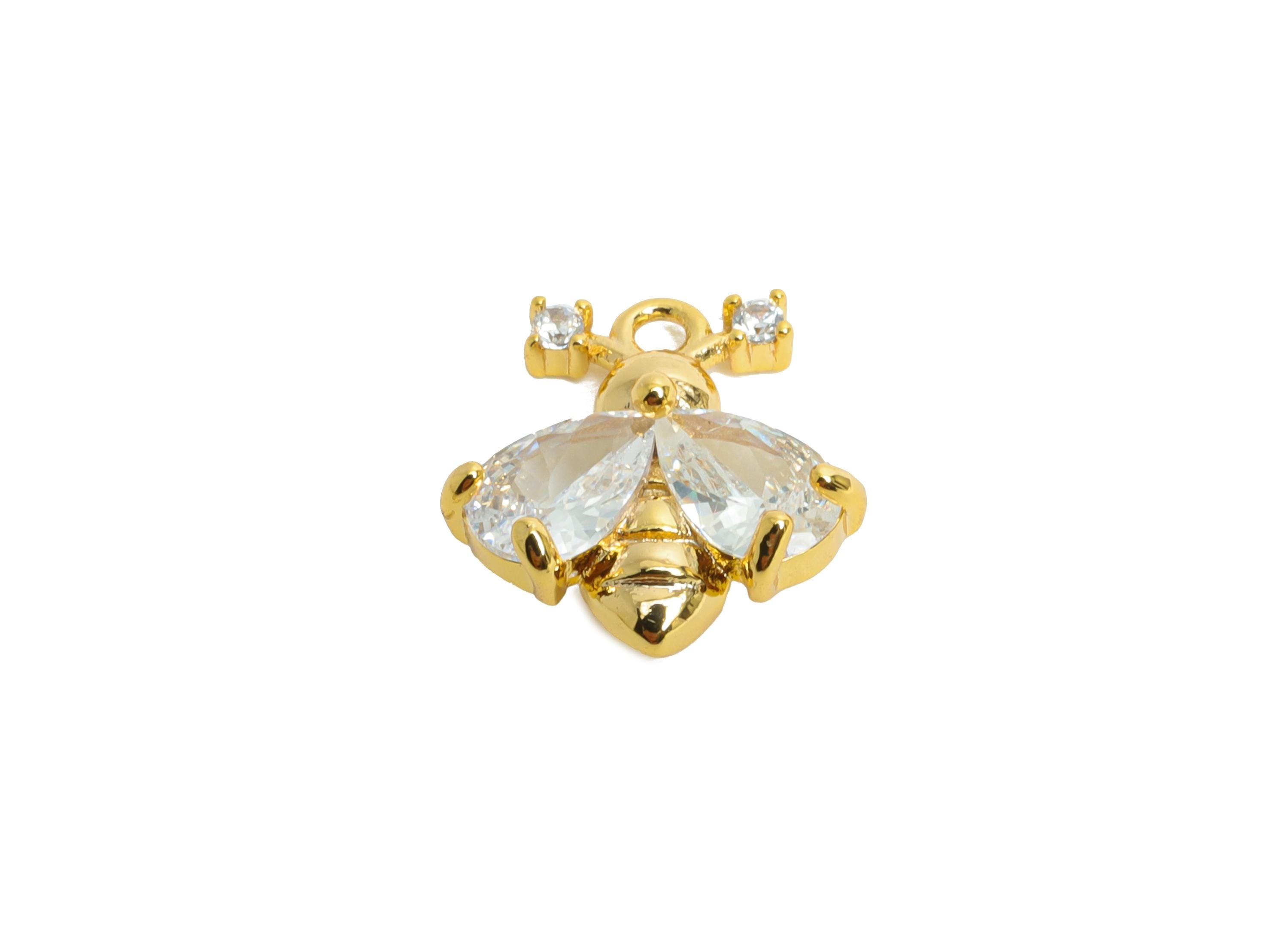 Brass Bee Earring Charm - Sparking Teardrop Faceted Cubic Zircon Charm - Insect Mini Charm - 18K Real Gold Plating - 11x11x4mm - RGP9917 - DOMEDBAZAAR