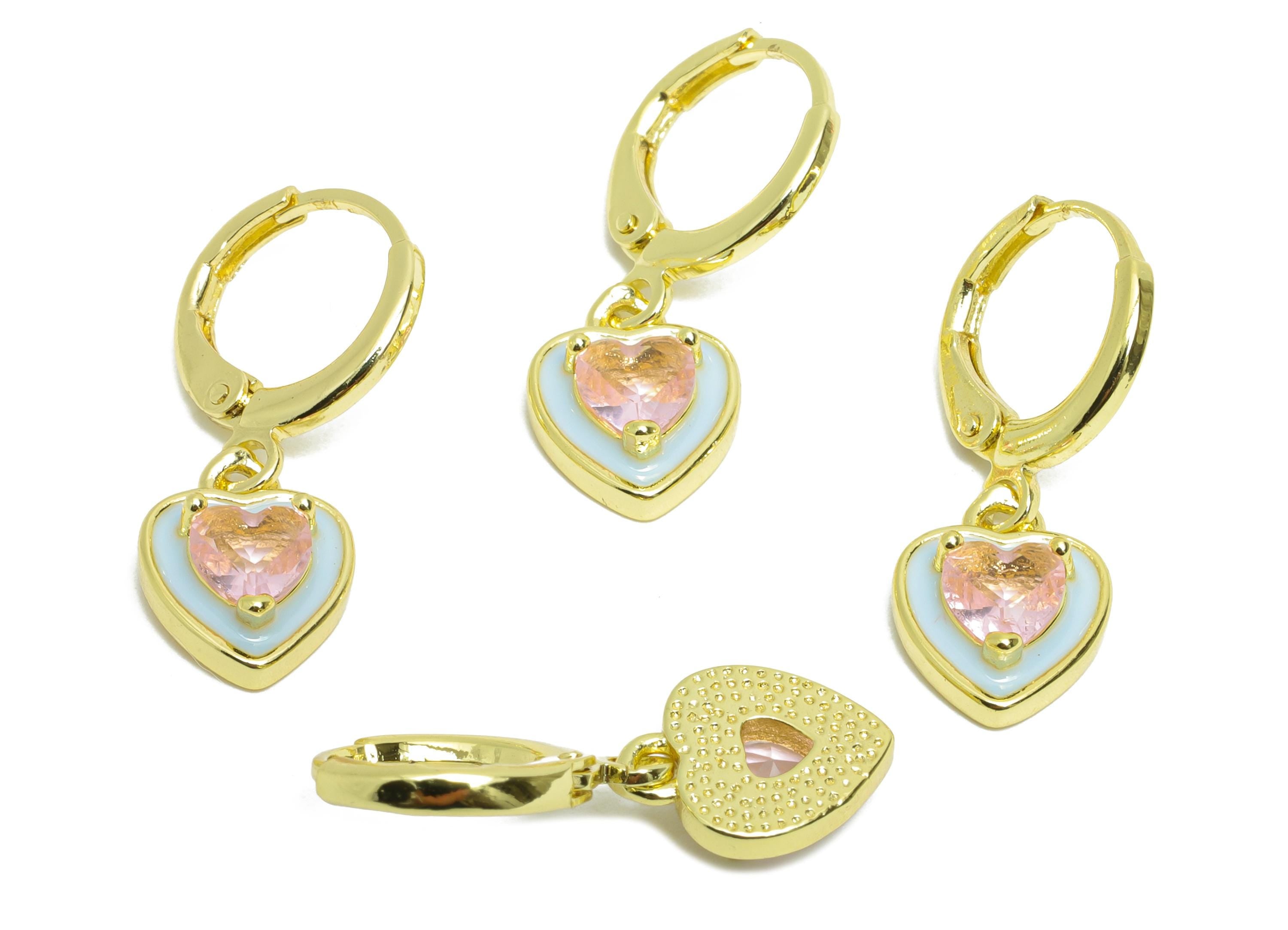 Dangle Hoop Lever back Earring - Blue Enamel Heart Earring - Brass CZ Huggie Hoop Clasp - 18K Real Gold Plated - 25.04x8.99x3.83mm - RGP9811 - DOMEDBAZAAR
