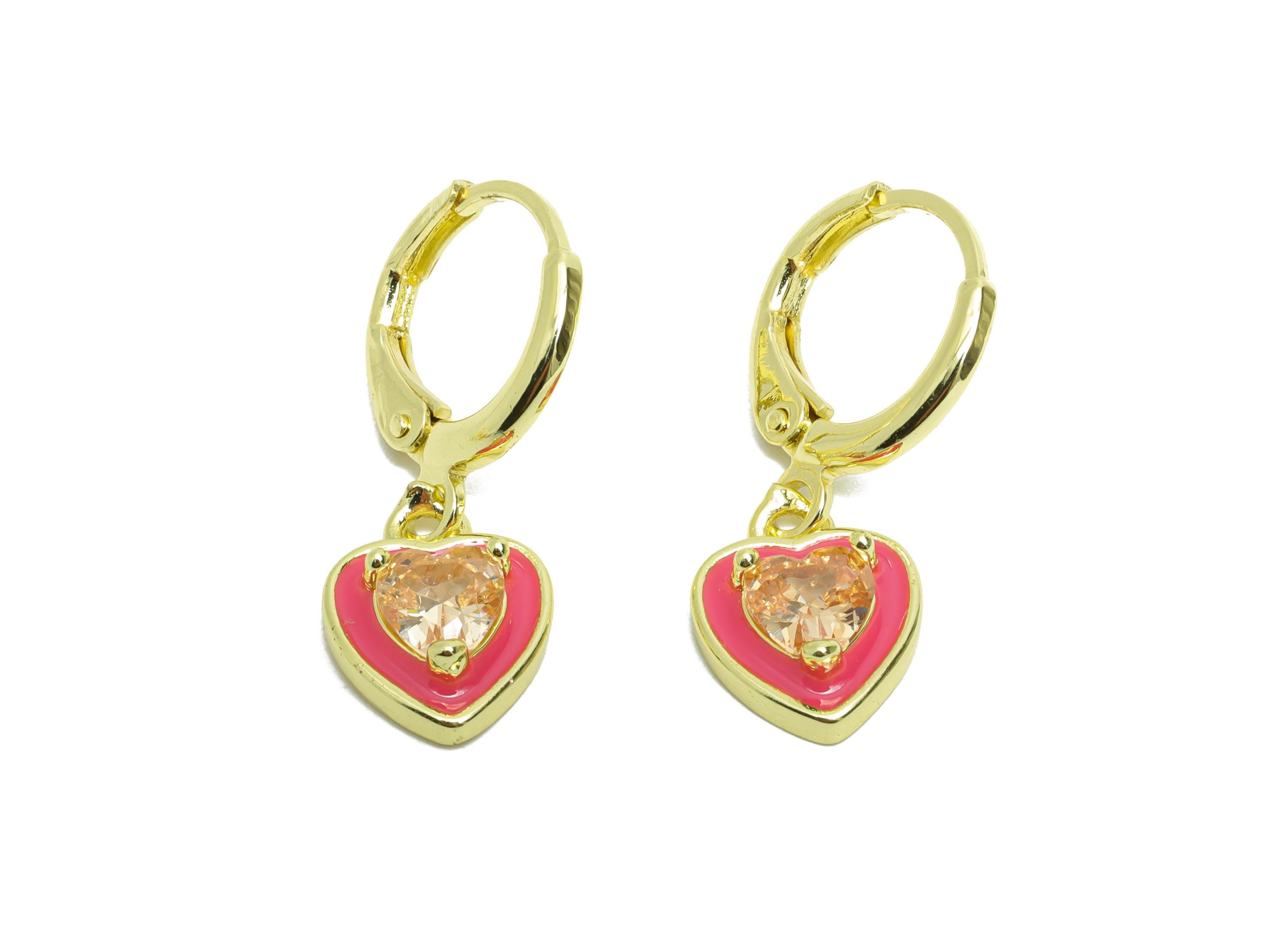 Dangle Hoop Lever back Earring - Pink Enamel Heart Earring - Brass CZ Huggie Hoop Clasp - 18K Real Gold Plated - 25.04x8.99x3.83mm - RGP9812 - DOMEDBAZAAR