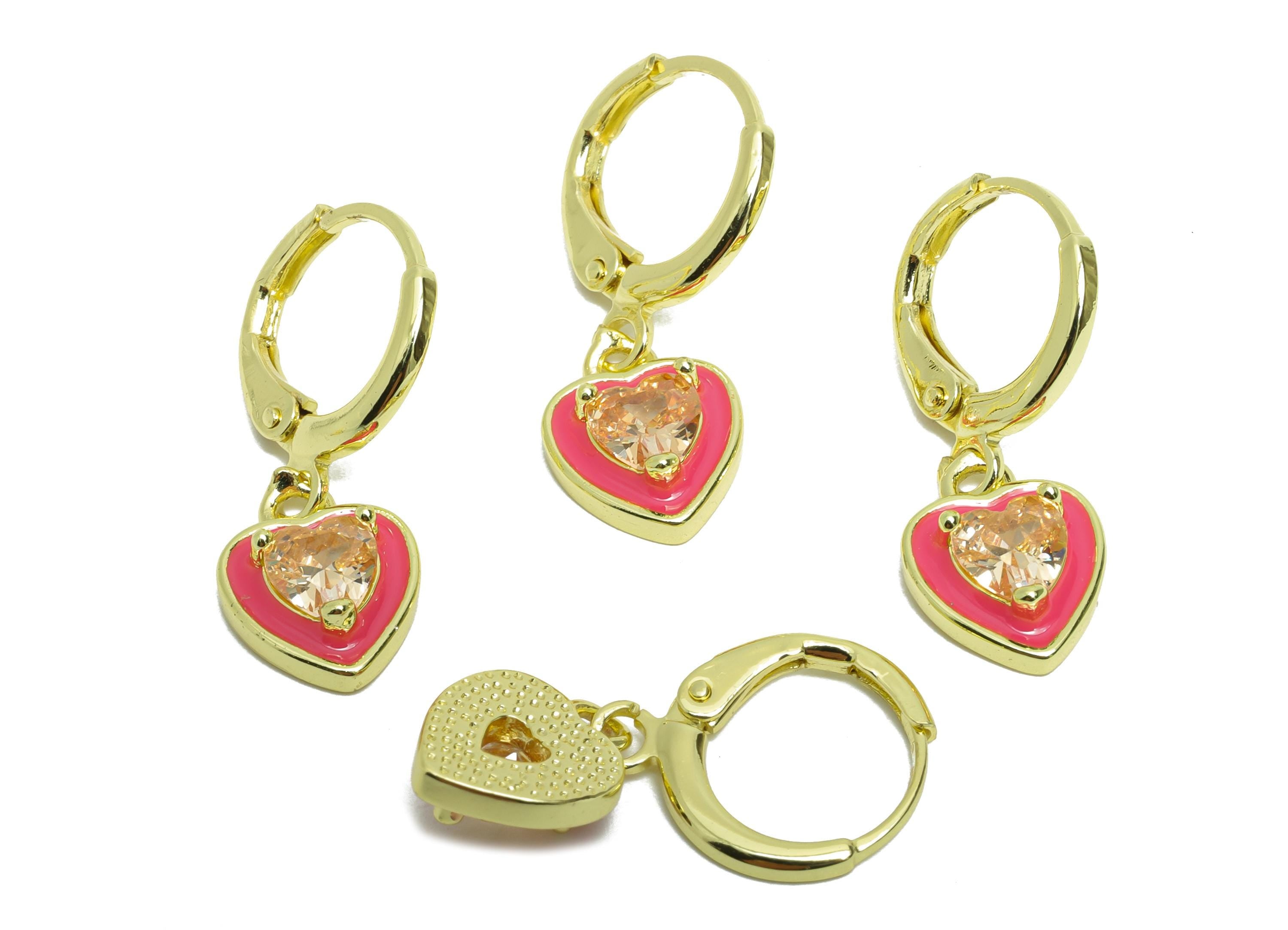 Dangle Hoop Lever back Earring - Pink Enamel Heart Earring - Brass CZ Huggie Hoop Clasp - 18K Real Gold Plated - 25.04x8.99x3.83mm - RGP9812 - DOMEDBAZAAR