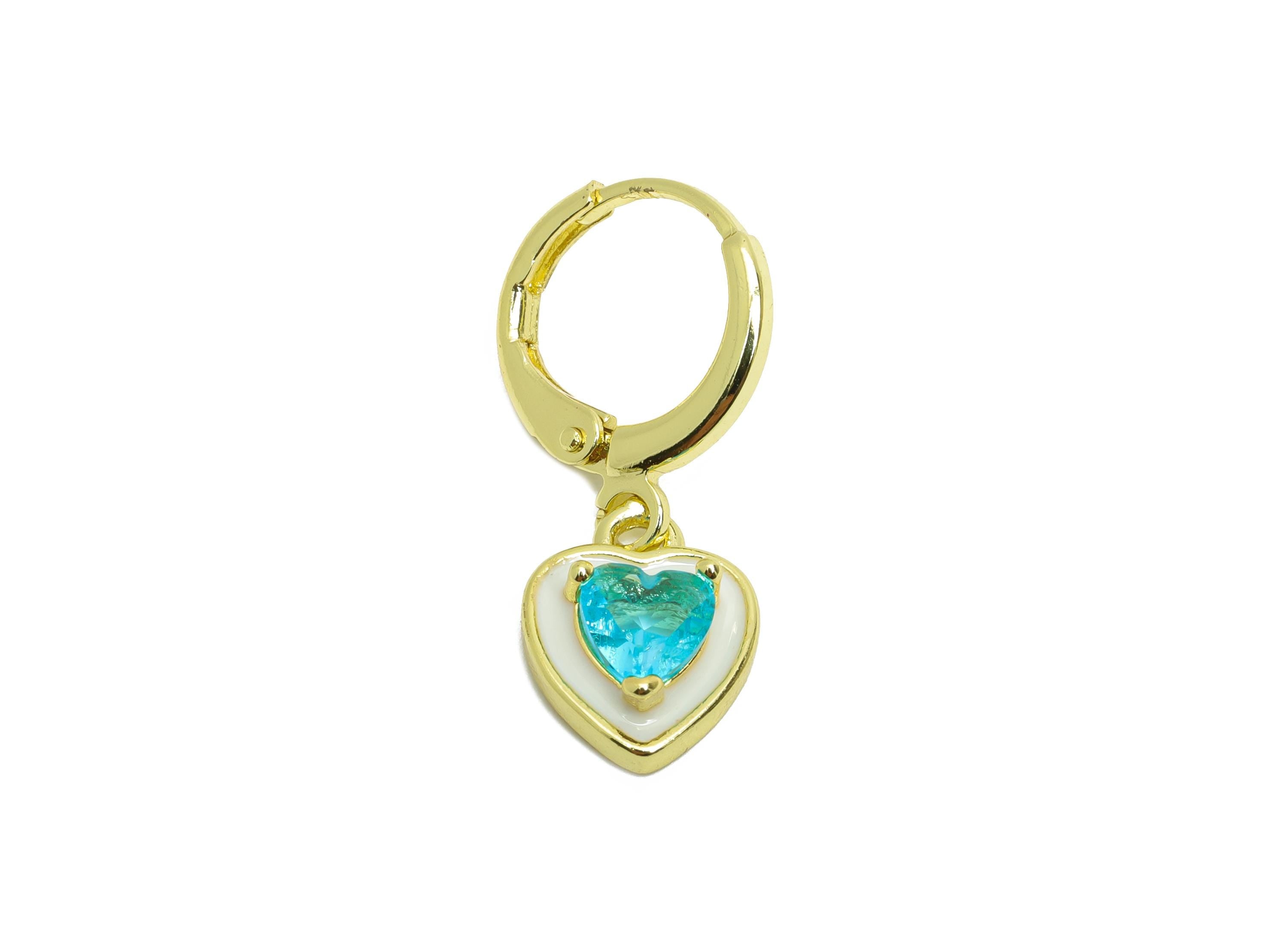 Dangle Hoop Lever back Earring - White Enamel Heart Earring - Brass CZ Huggie Hoop Clasp - 18K Real Gold Plated - 25.04x8.99x3.83mm -RGP9813 - DOMEDBAZAAR
