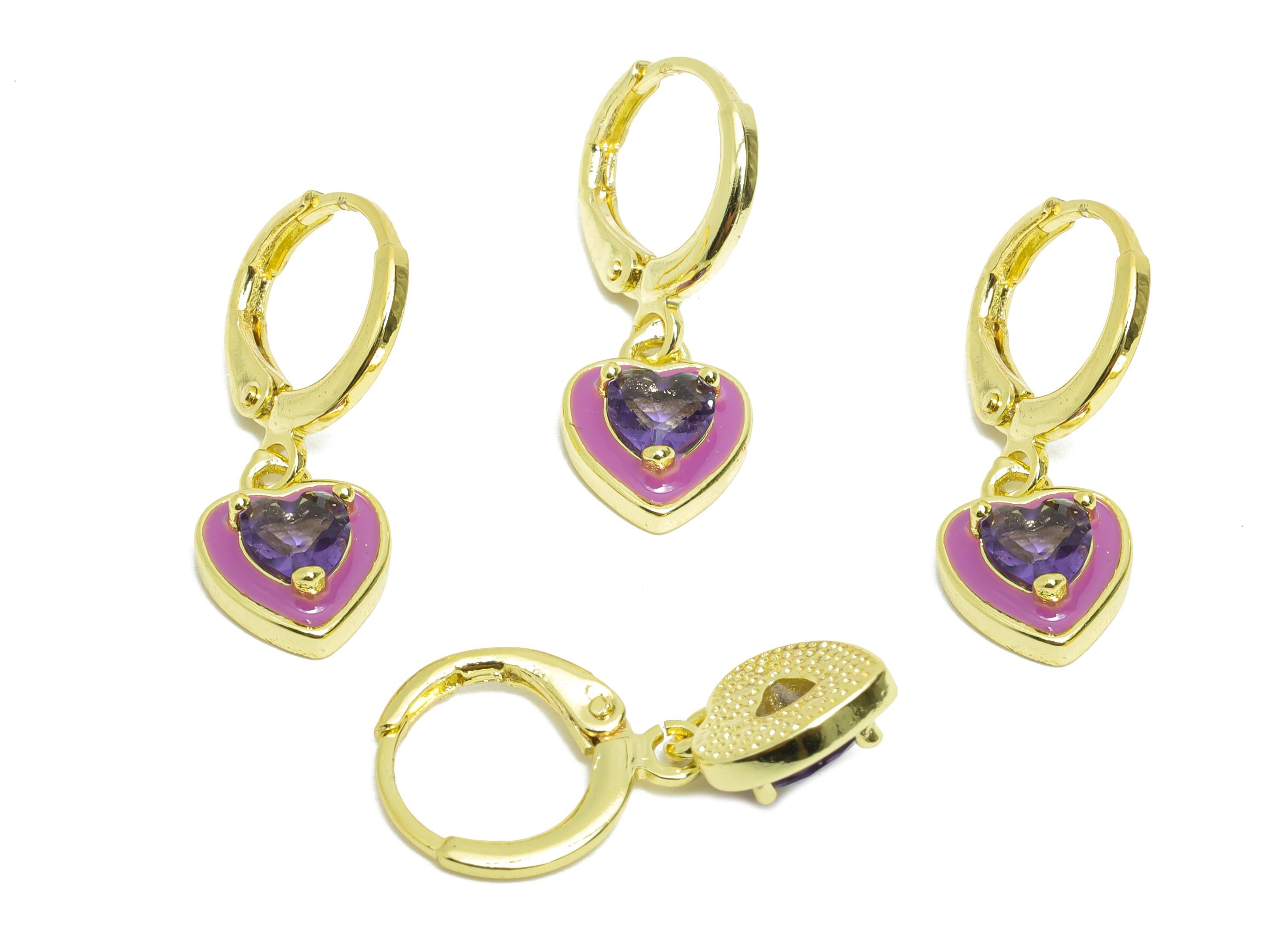 Dangle Hoop Lever back Earring - Purple Enamel Heart Earring - Brass CZ Huggie Hoop Clasp - 18K Real Gold Plated - 25.04x8.99x3.83mm-RGP9814 - DOMEDBAZAAR