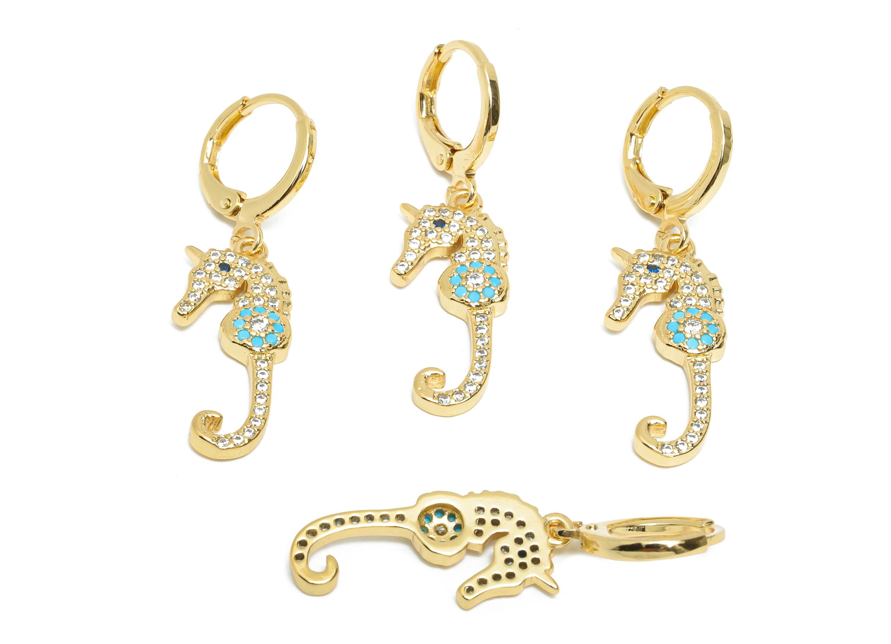 Dangle Seahorse Hoop Lever back Earring - Gold CZ Hanging Earring - Brass Huggie Hoop Clasp - 18K Gold Plated - 34.74x10.1x2.8mm - RGP9791 - DOMEDBAZAAR