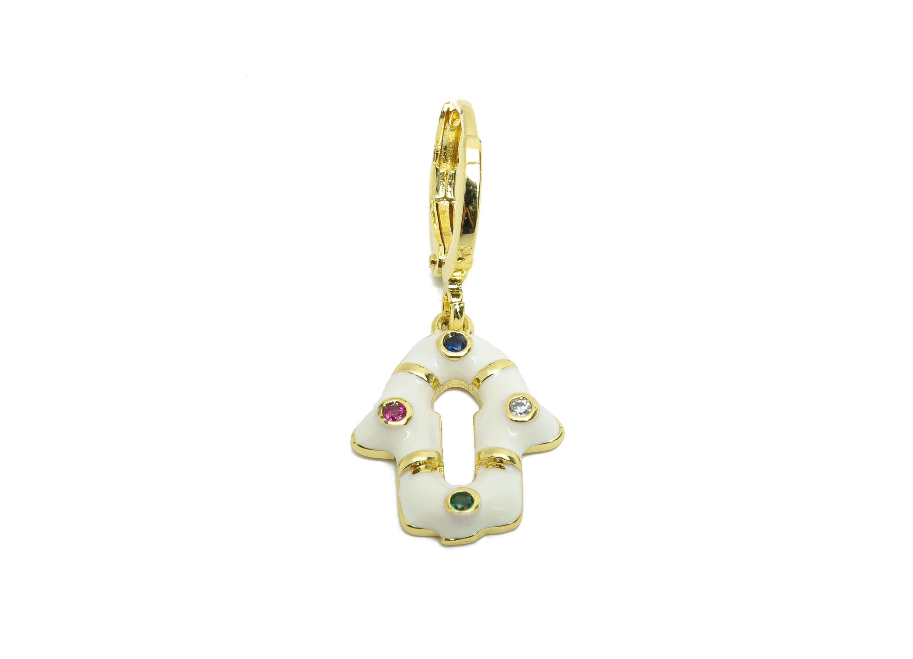 Dangle Hoop Lever back Earring - White Enamel House Keyhole Earring - Brass CZ Huggie Hoop Clasp - 18K Gold Plated -30.6x13.2x2.6mm -RGP9793 - DOMEDBAZAAR