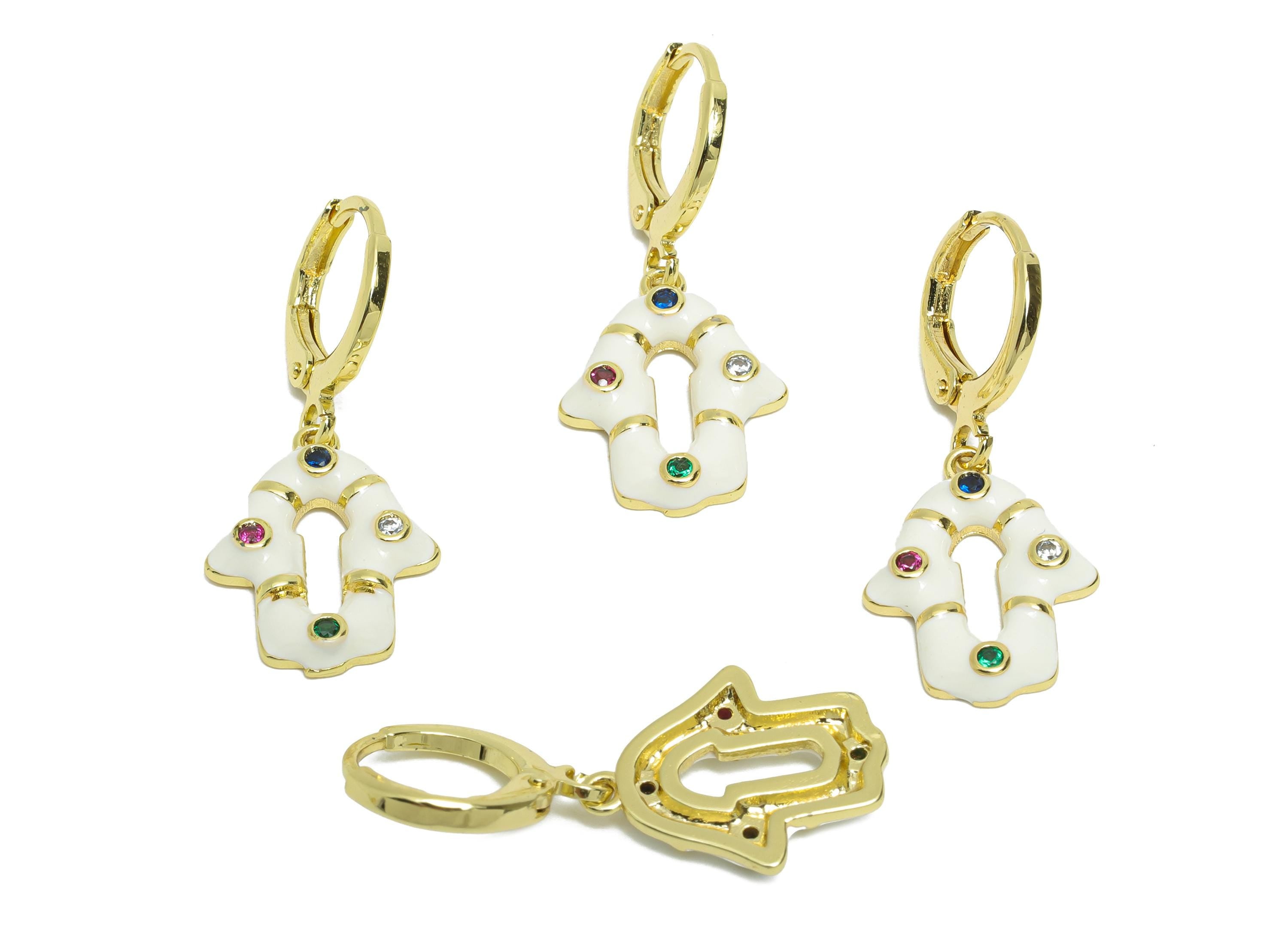 Dangle Hoop Lever back Earring - White Enamel House Keyhole Earring - Brass CZ Huggie Hoop Clasp - 18K Gold Plated -30.6x13.2x2.6mm -RGP9793 - DOMEDBAZAAR