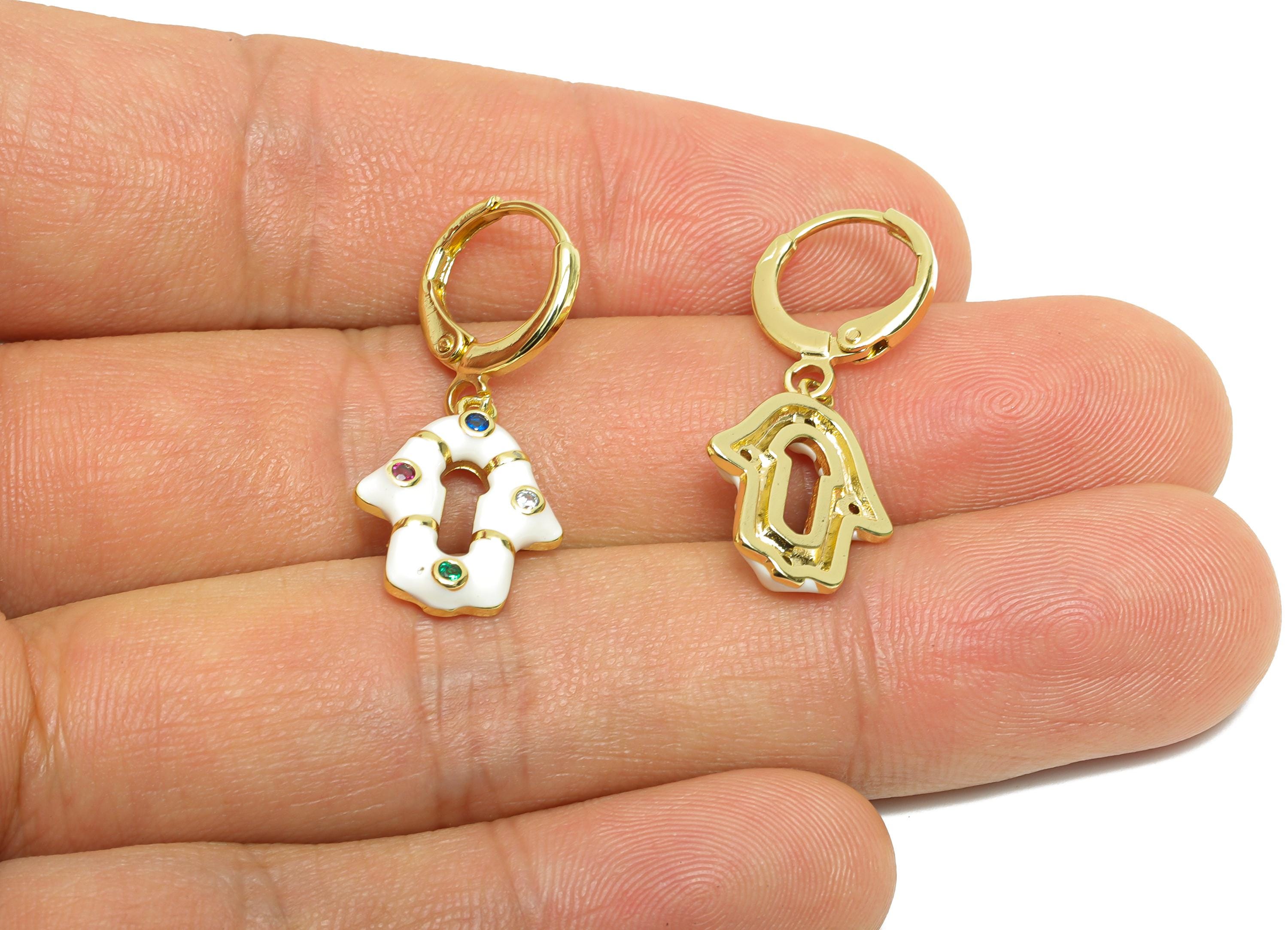 Dangle Hoop Lever back Earring - White Enamel House Keyhole Earring - Brass CZ Huggie Hoop Clasp - 18K Gold Plated -30.6x13.2x2.6mm -RGP9793 - DOMEDBAZAAR