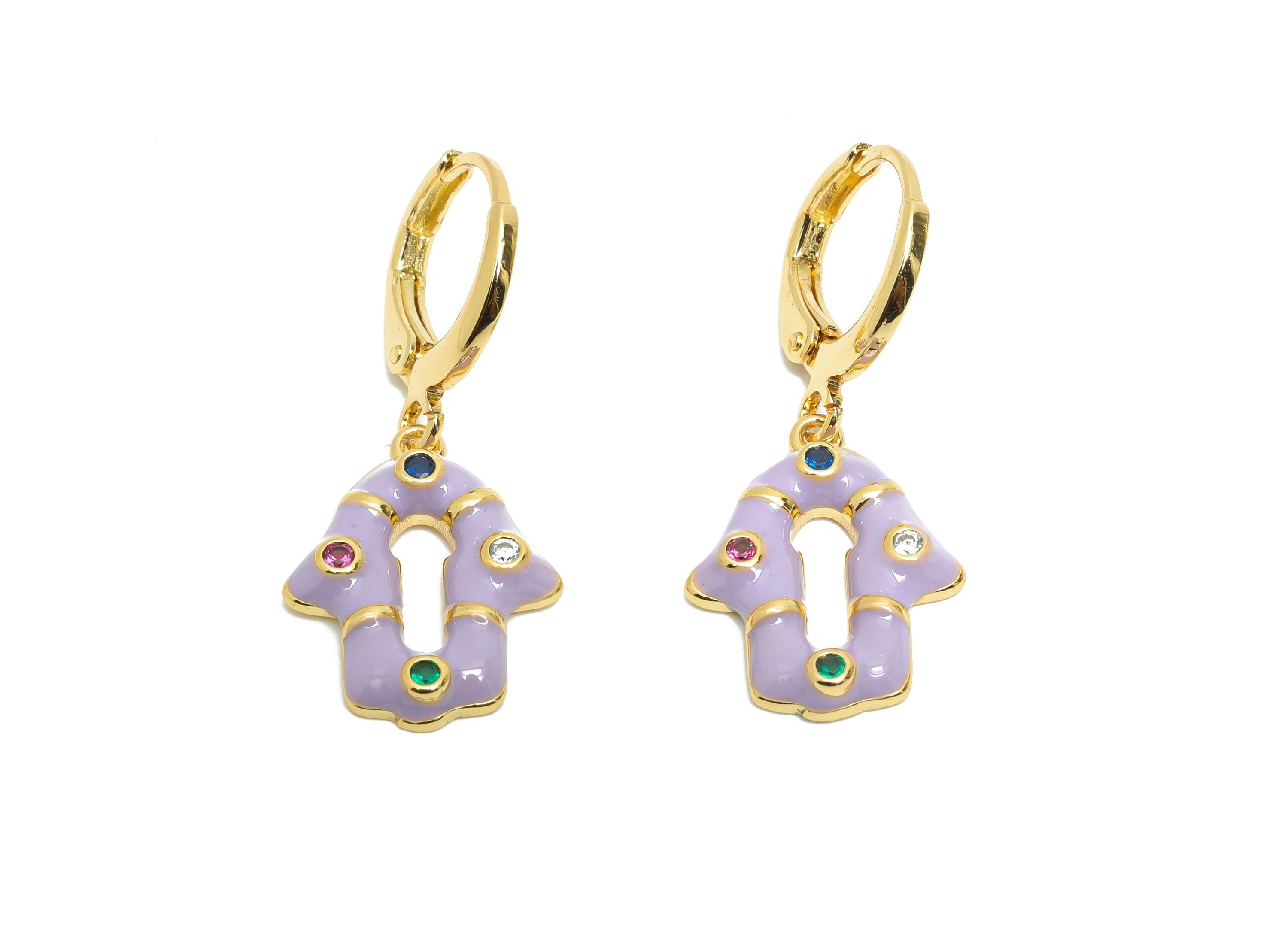 Dangle Hoop Lever back Earring - Purple Enamel House Keyhole Earring - Brass CZ Huggie Hoop Clasp - 18K Gold Plated -30.6x13.2x2.6mm-RGP9794 - DOMEDBAZAAR