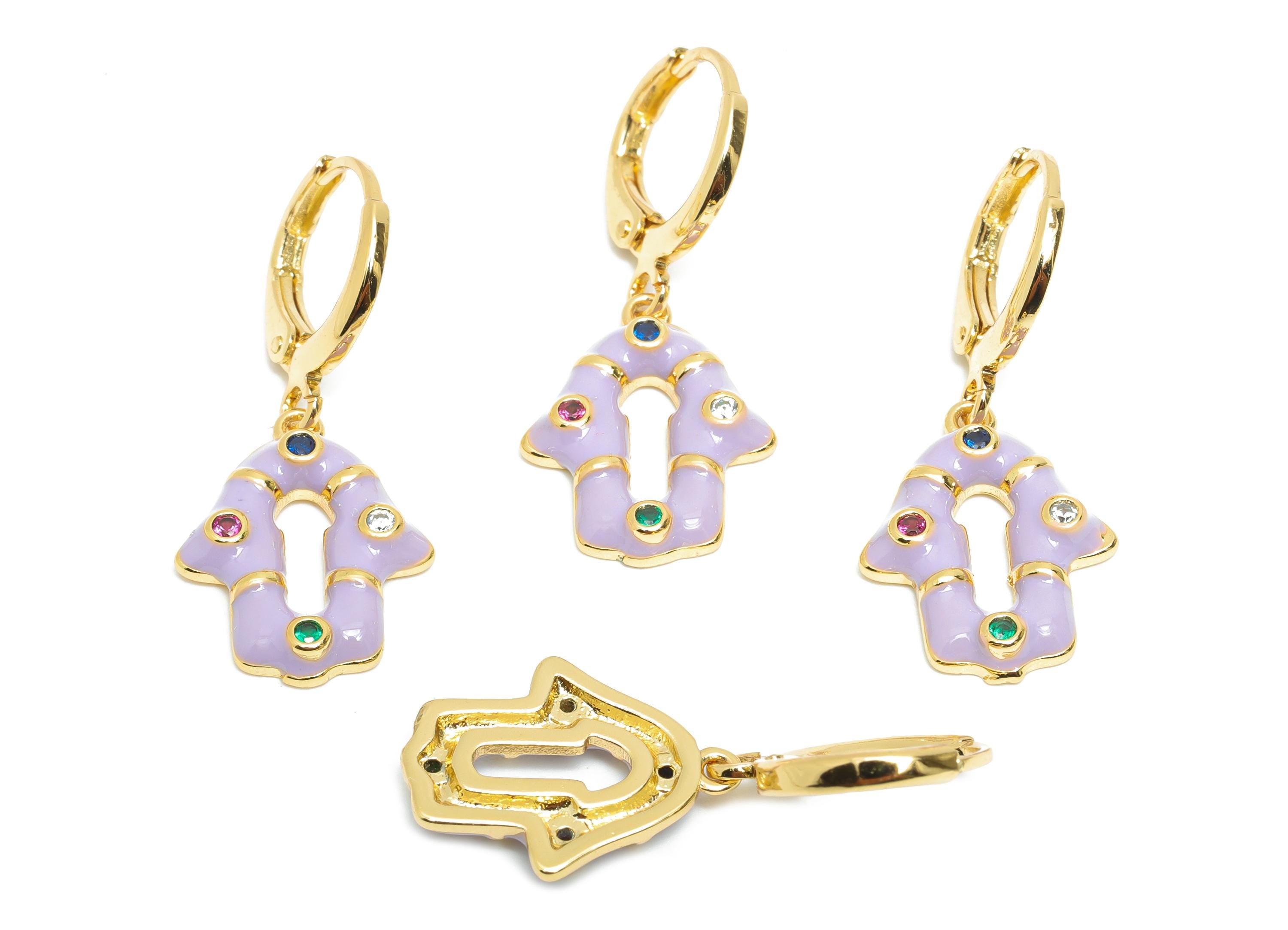 Dangle Hoop Lever back Earring - Purple Enamel House Keyhole Earring - Brass CZ Huggie Hoop Clasp - 18K Gold Plated -30.6x13.2x2.6mm-RGP9794 - DOMEDBAZAAR