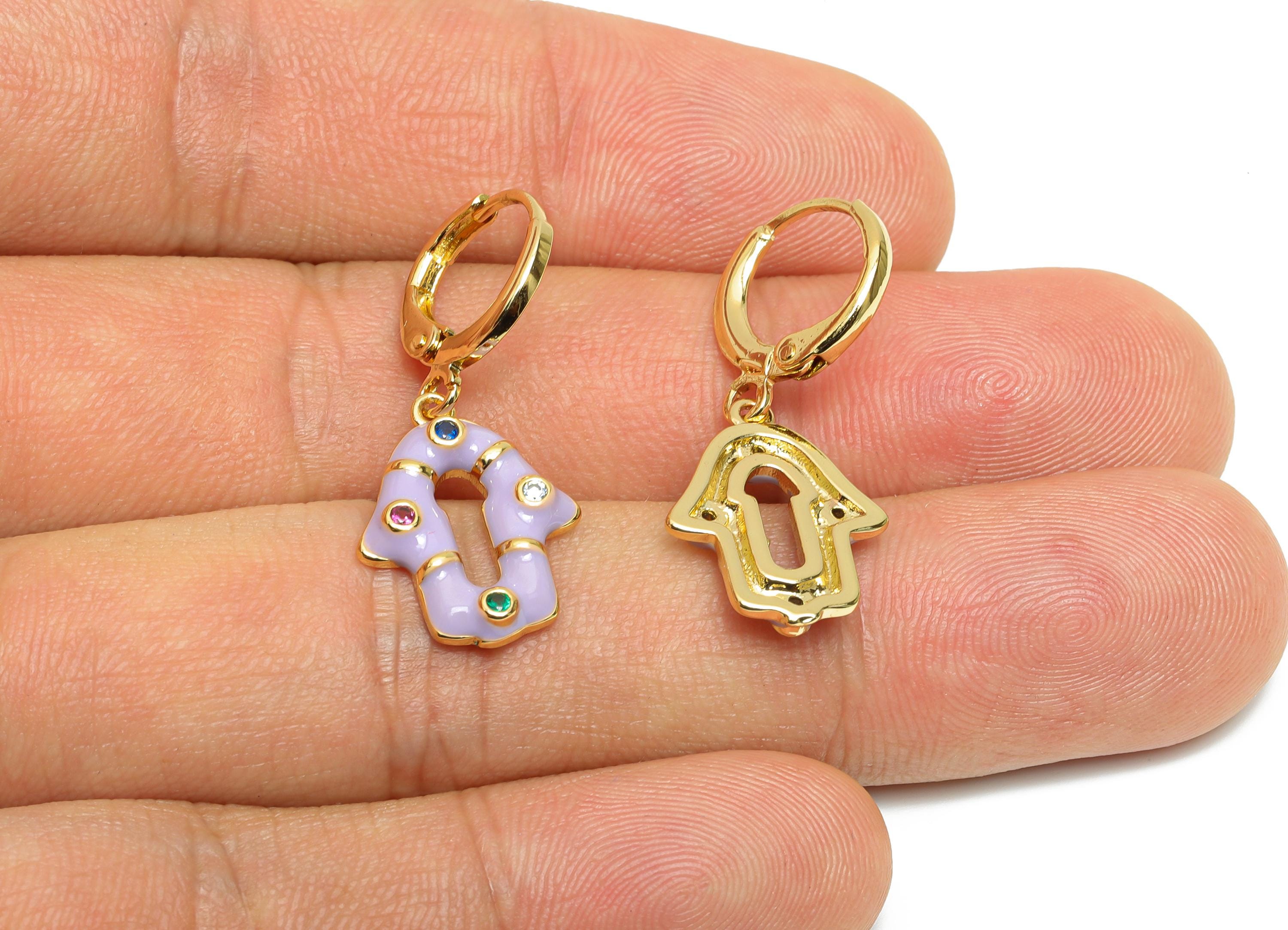 Dangle Hoop Lever back Earring - Purple Enamel House Keyhole Earring - Brass CZ Huggie Hoop Clasp - 18K Gold Plated -30.6x13.2x2.6mm-RGP9794 - DOMEDBAZAAR