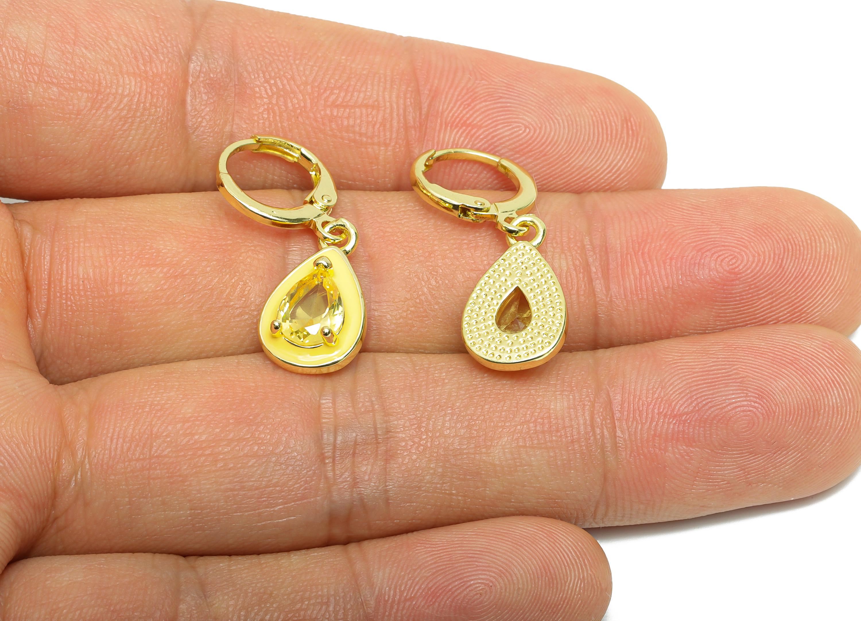 Dangle Drop Hoop Lever back Earring - Yellow Enamel Drop Earring - Brass CZ Huggie Hoop Clasp - 18K Gold Plated - 29.69x9.96x4.14mm -RGP9796 - DOMEDBAZAAR