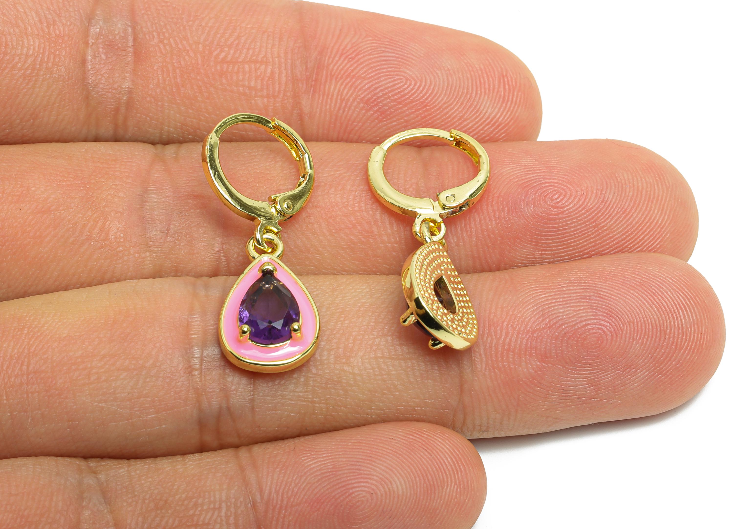 Dangle Drop Hoop Lever back Earring - Pink Enamel Drop Earring - Brass CZ Huggie Hoop Clasp - 18K Gold Plated - 29.69x9.96x4.14mm -RGP9797 - DOMEDBAZAAR