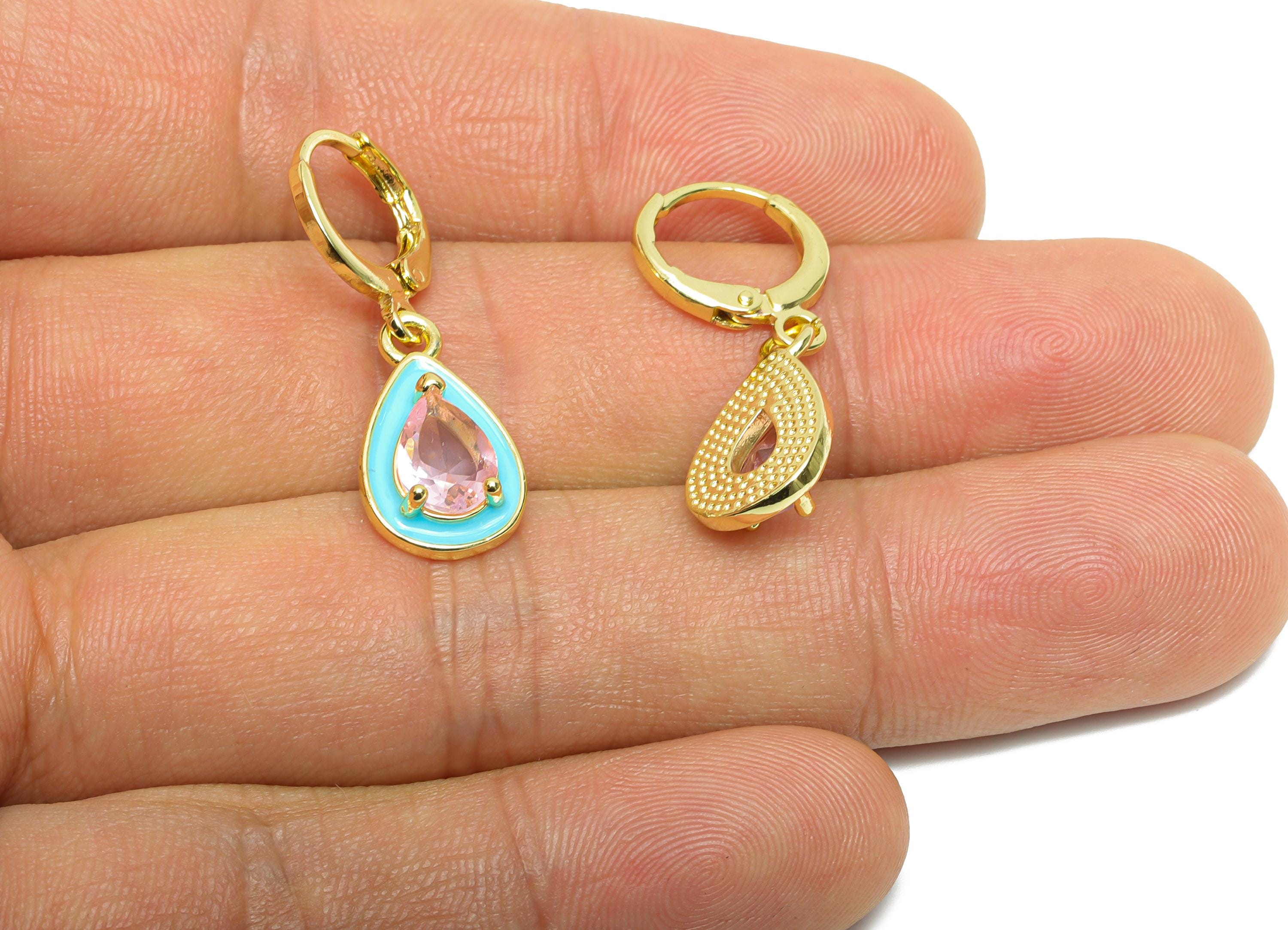 Dangle Drop Hoop Lever back Earring - Blue Enamel Drop Earring - Brass CZ Huggie Hoop Clasp - 18K Gold Plated - 29.69x9.96x4.14mm - RGP9798 - DOMEDBAZAAR