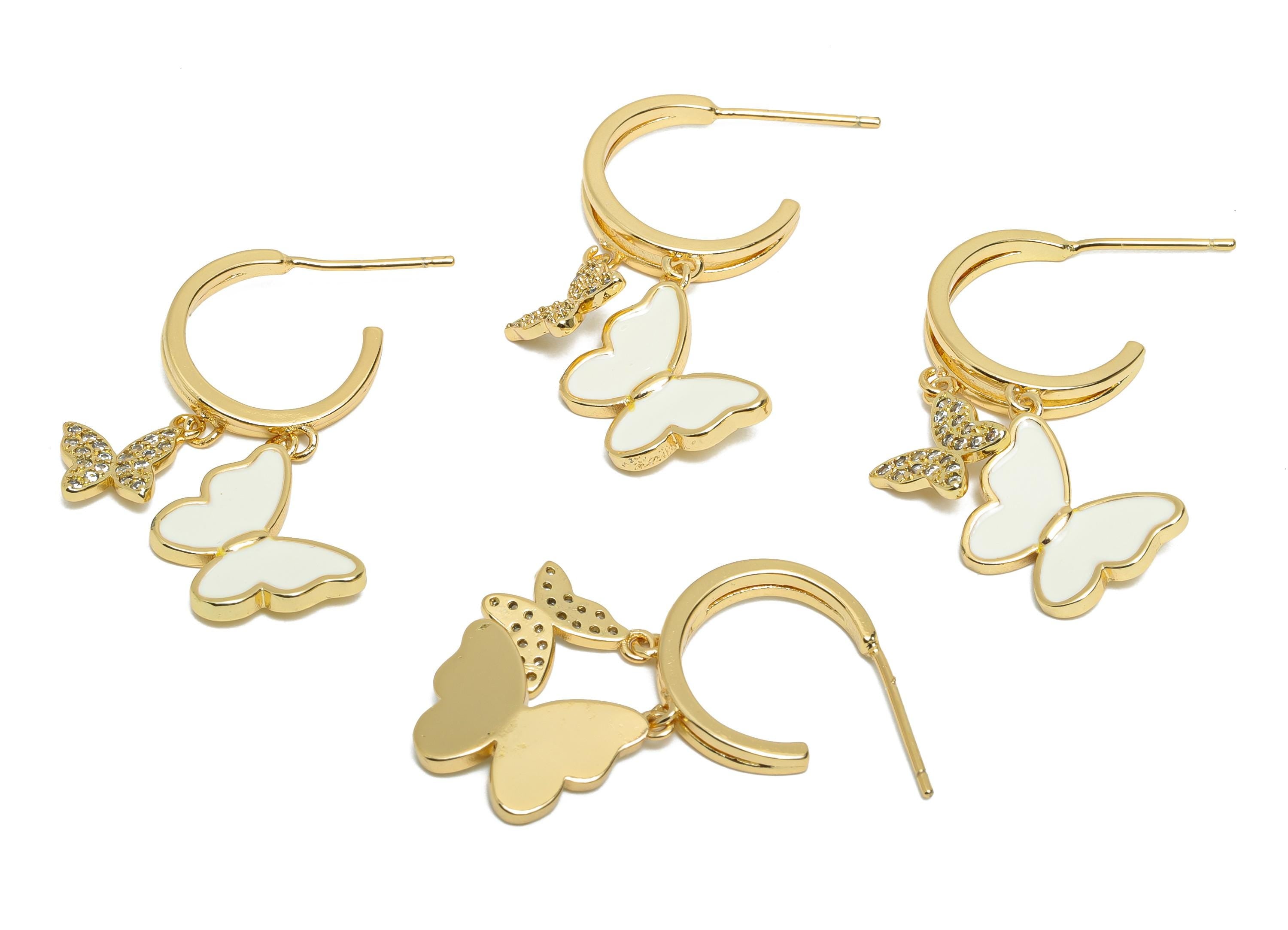 Brass Dangle C Hoop Stud - Double Butterfly CZ Enamel Post - Gold C Hoop Hanging Earring Post - 18K Gold Plated - 34.91x21.62x0.88mm-RGP9750 - DOMEDBAZAAR
