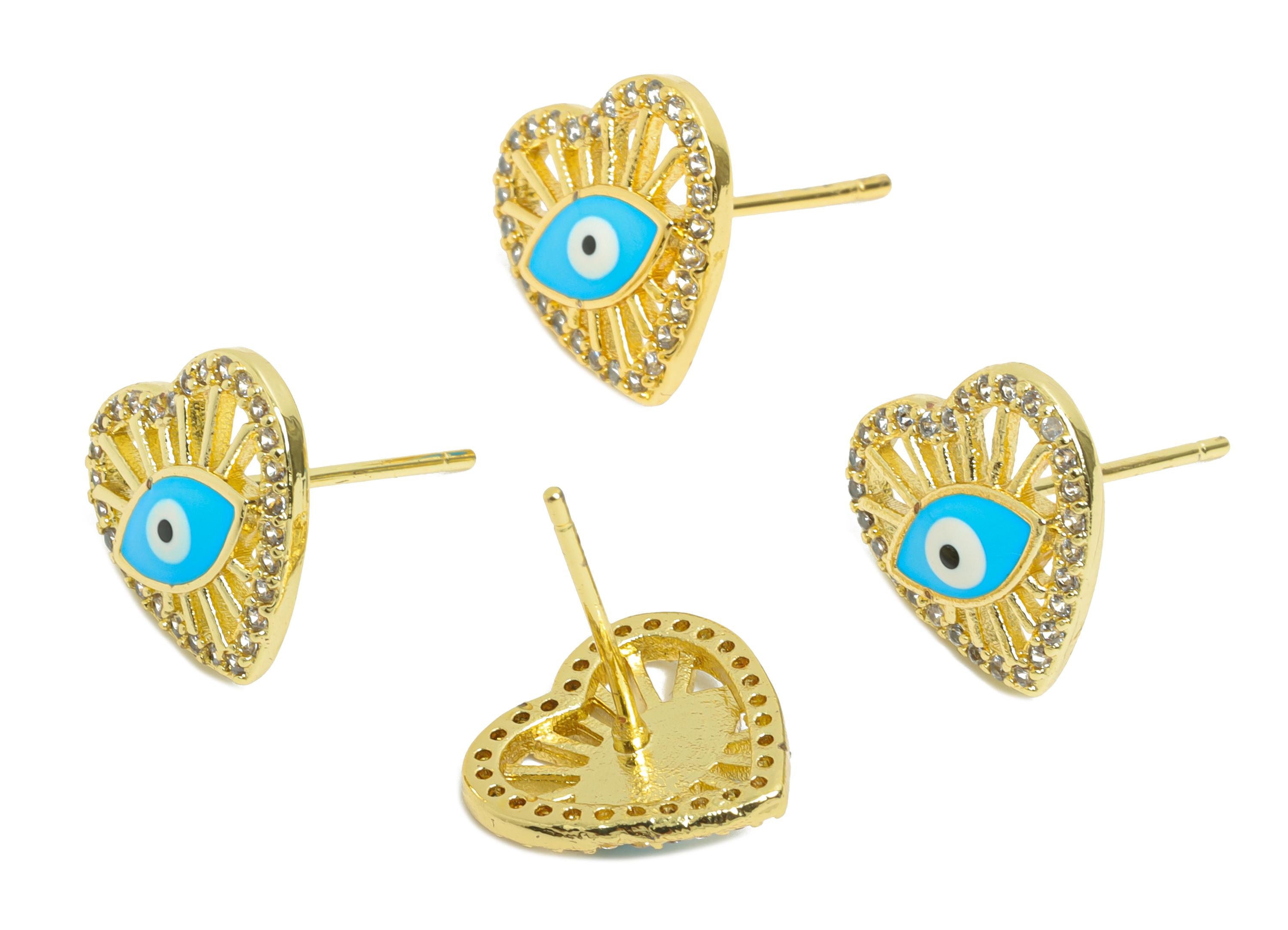 Brass CZ Heart Stud - Modern Enamel Eye Earring Post for Gift - Gold Sparkling Jewelry - 18K Real Gold Plated - 11.75x11.91x0.75mm - RGP9823 - DOMEDBAZAAR