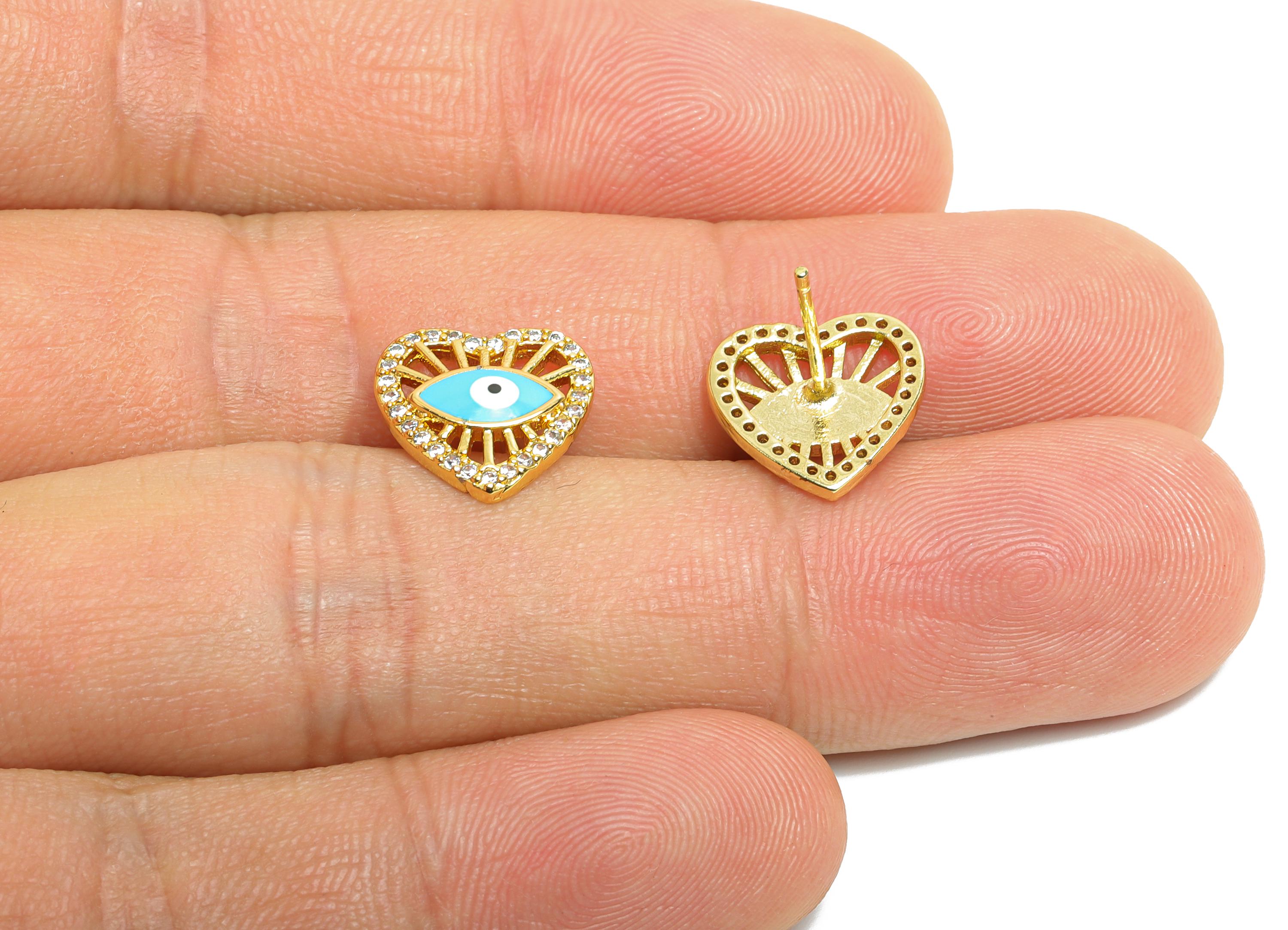 Brass CZ Heart Stud - Modern Enamel Eye Earring Post for Gift - Gold Sparkling Jewelry - 18K Real Gold Plated - 11.75x11.91x0.75mm - RGP9823 - DOMEDBAZAAR