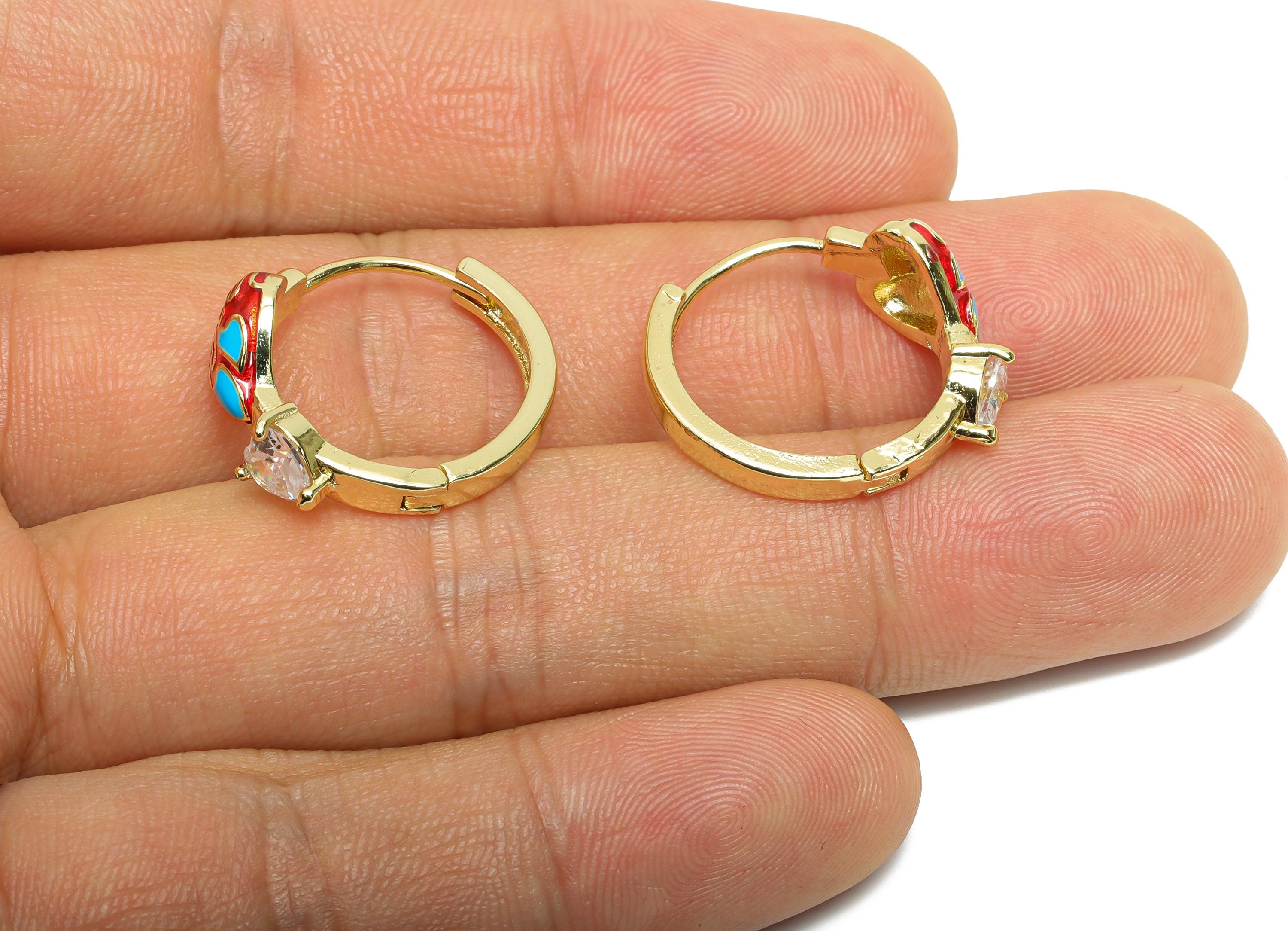 Brass Heart Hoop Clasp - Enamel Zircon Colorful Hoop Earring - Heart Motif Huggie Hoop Clasp - 18K Real Gold Plated - 21x20x9mm - RGP9760 - DOMEDBAZAAR