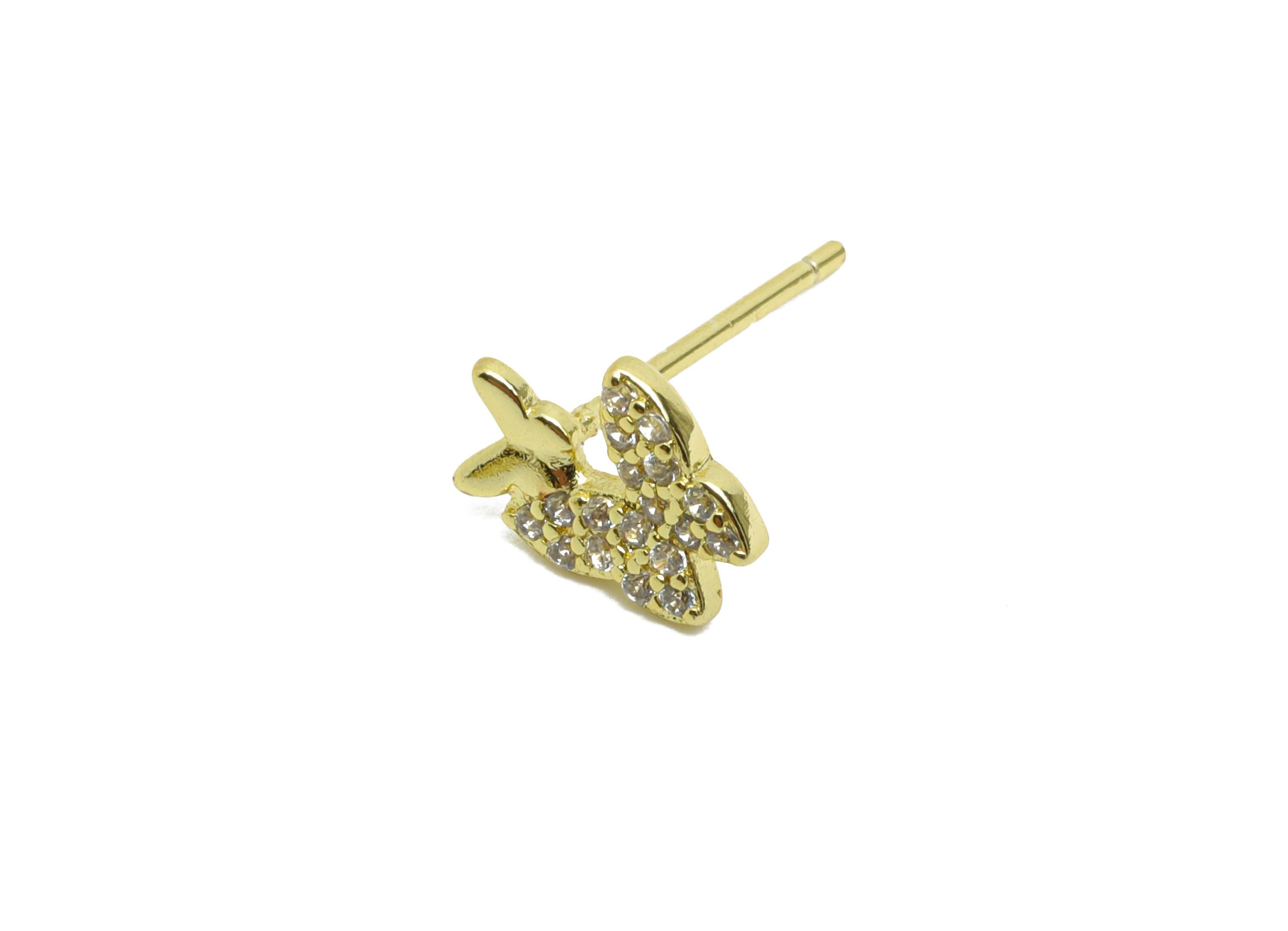 Sparkling Gold CZ Stud - Mini Double Butterfly Earring Post for Girls - Brass Minimalism Jewelry - 18K Gold Plated - 9.17x7.35x0.7mm-RGP9830 - DOMEDBAZAAR