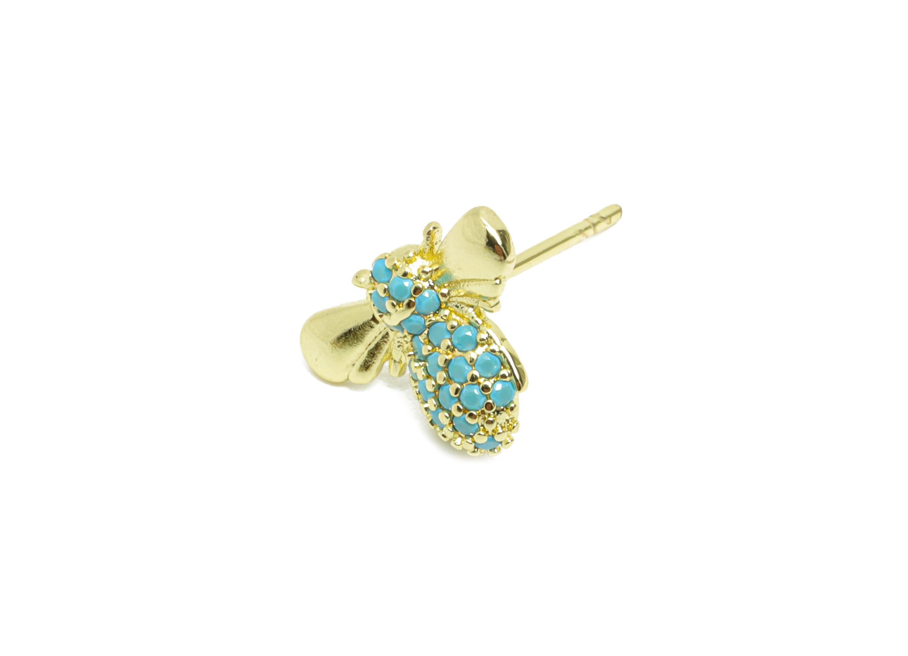 Sparkling Gold CZ Studs - Dainty Bee Insects Earring Post - Brass Modern Jewelry - 18K Real Gold Plated Brass - 9.25x12.91x0.81mm - RGP9828 - DOMEDBAZAAR