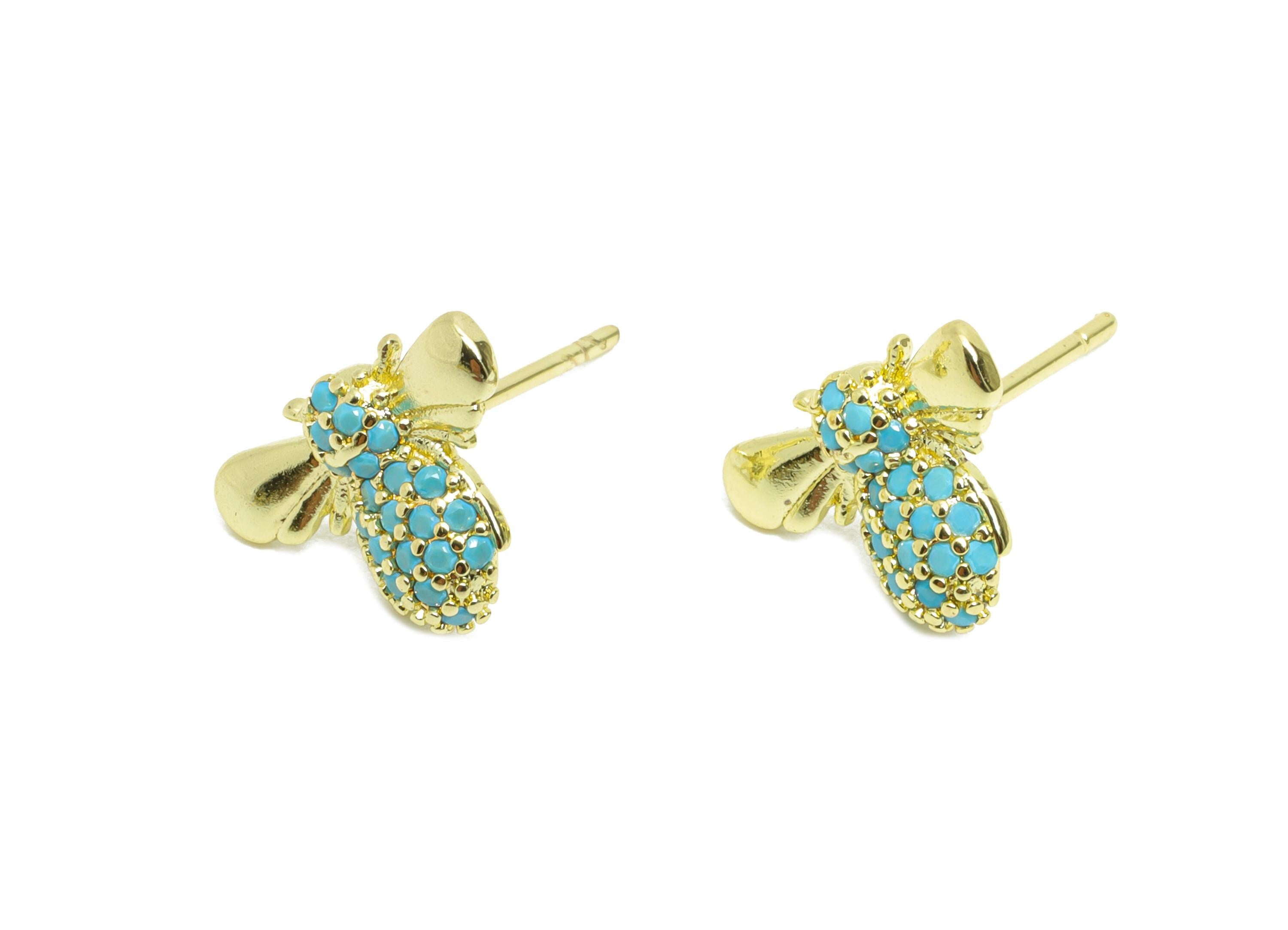 Sparkling Gold CZ Studs - Dainty Bee Insects Earring Post - Brass Modern Jewelry - 18K Real Gold Plated Brass - 9.25x12.91x0.81mm - RGP9828 - DOMEDBAZAAR