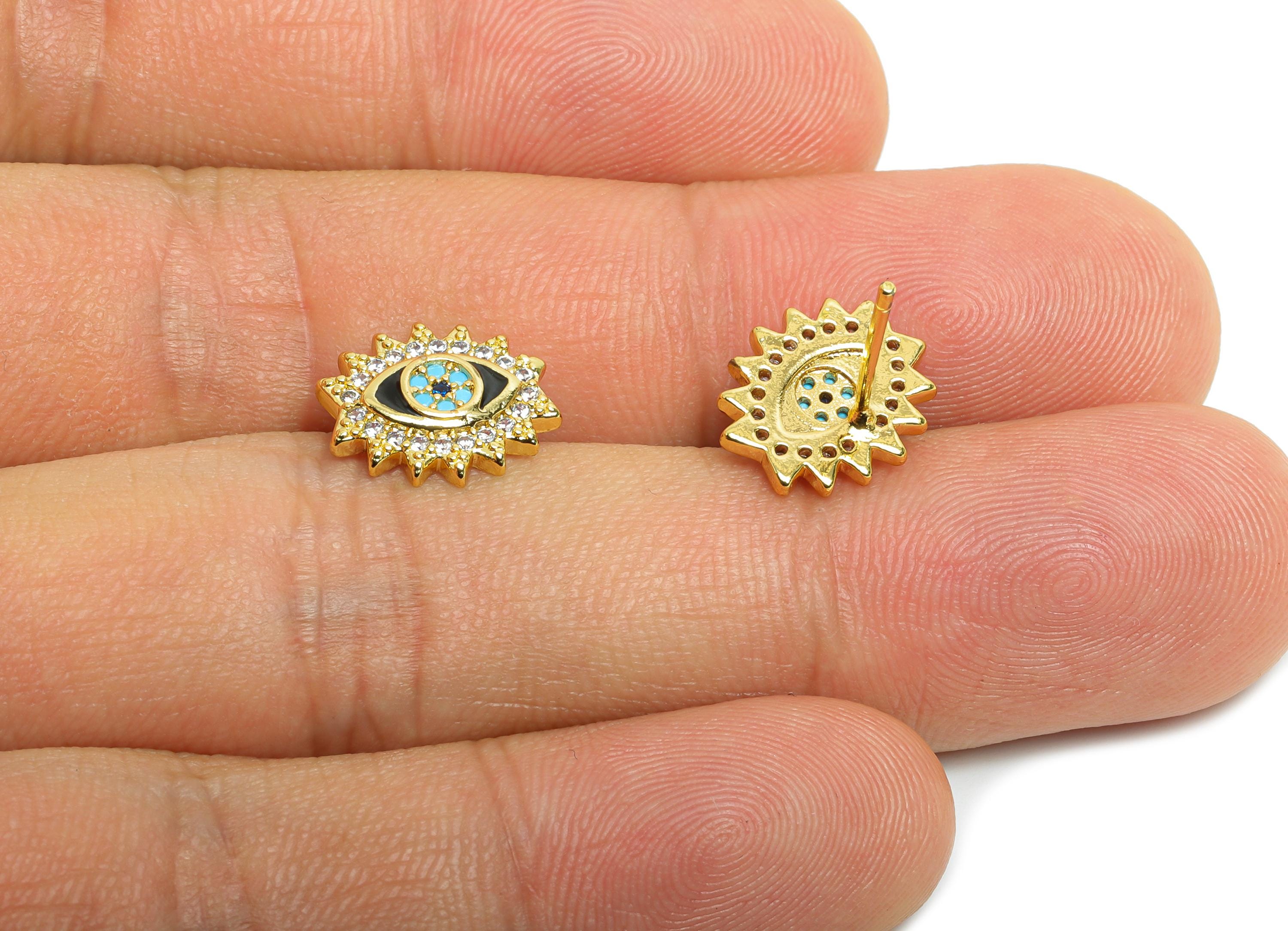 Sparkling Evil Eye Gold CZ Studs - Enamel Eye Earring Post - Brass Minimalism Jewelry - 18K Real Gold Plated - 10.49x12.19x0.76mm - RGP9842 - DOMEDBAZAAR