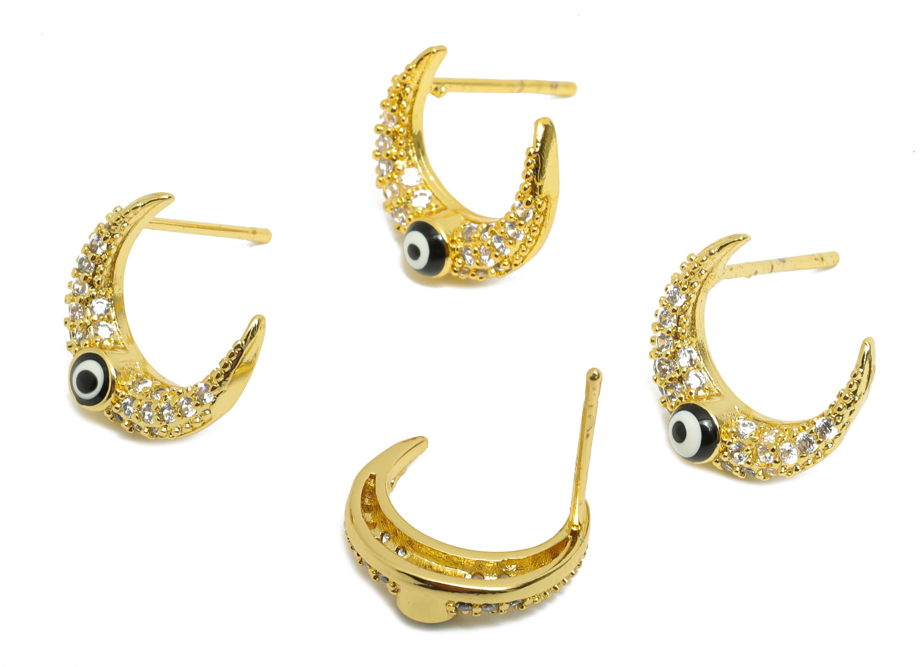 Sparkling Crescent Gold CZ Studs - Enamel Eye Earring Post - Brass Minimalism Jewelry - 18K Real Gold Plated - 12.7x11.5x0.75mm - RGP9833 - DOMEDBAZAAR
