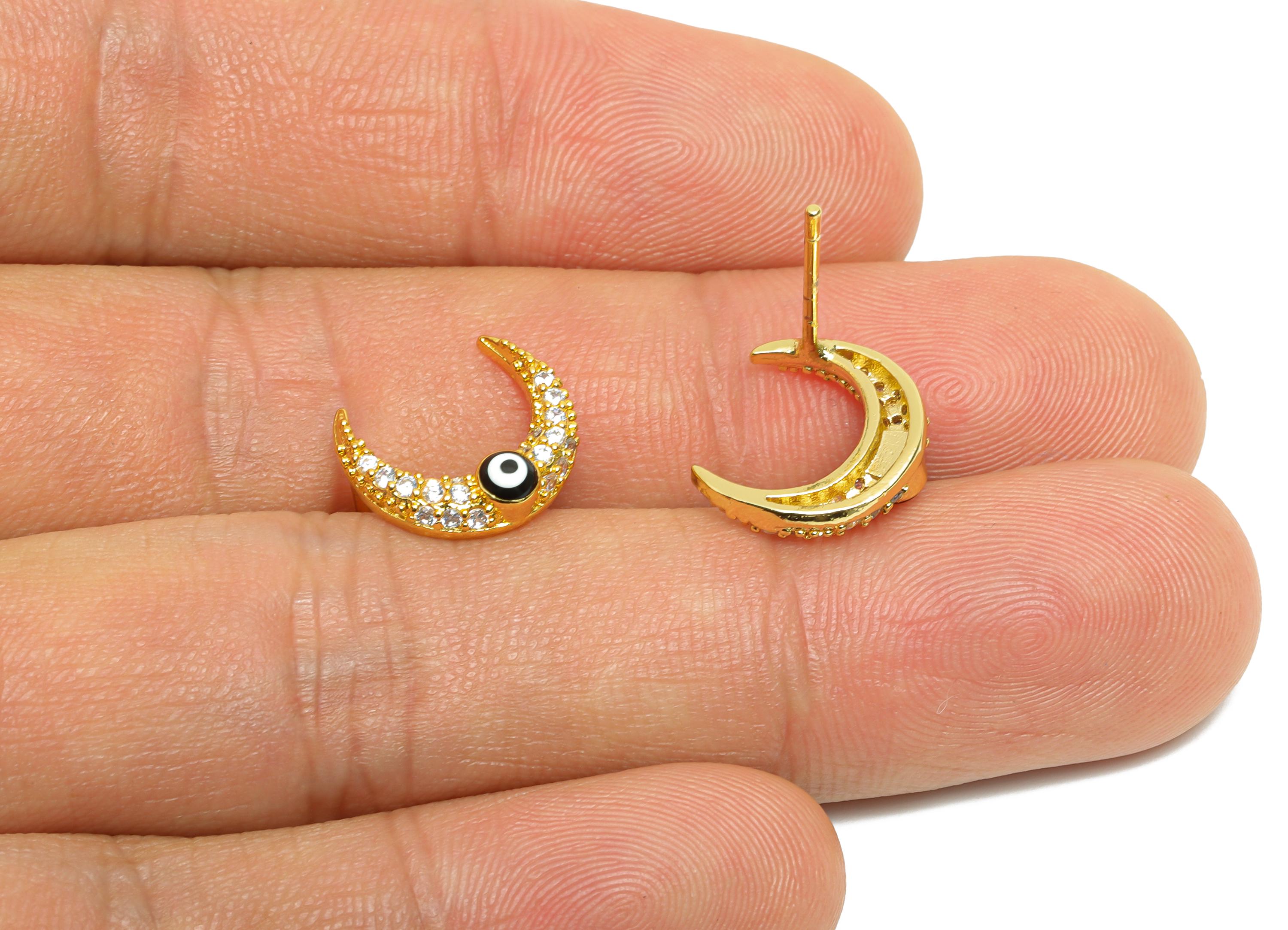 Sparkling Crescent Gold CZ Studs - Enamel Eye Earring Post - Brass Minimalism Jewelry - 18K Real Gold Plated - 12.7x11.5x0.75mm - RGP9833 - DOMEDBAZAAR