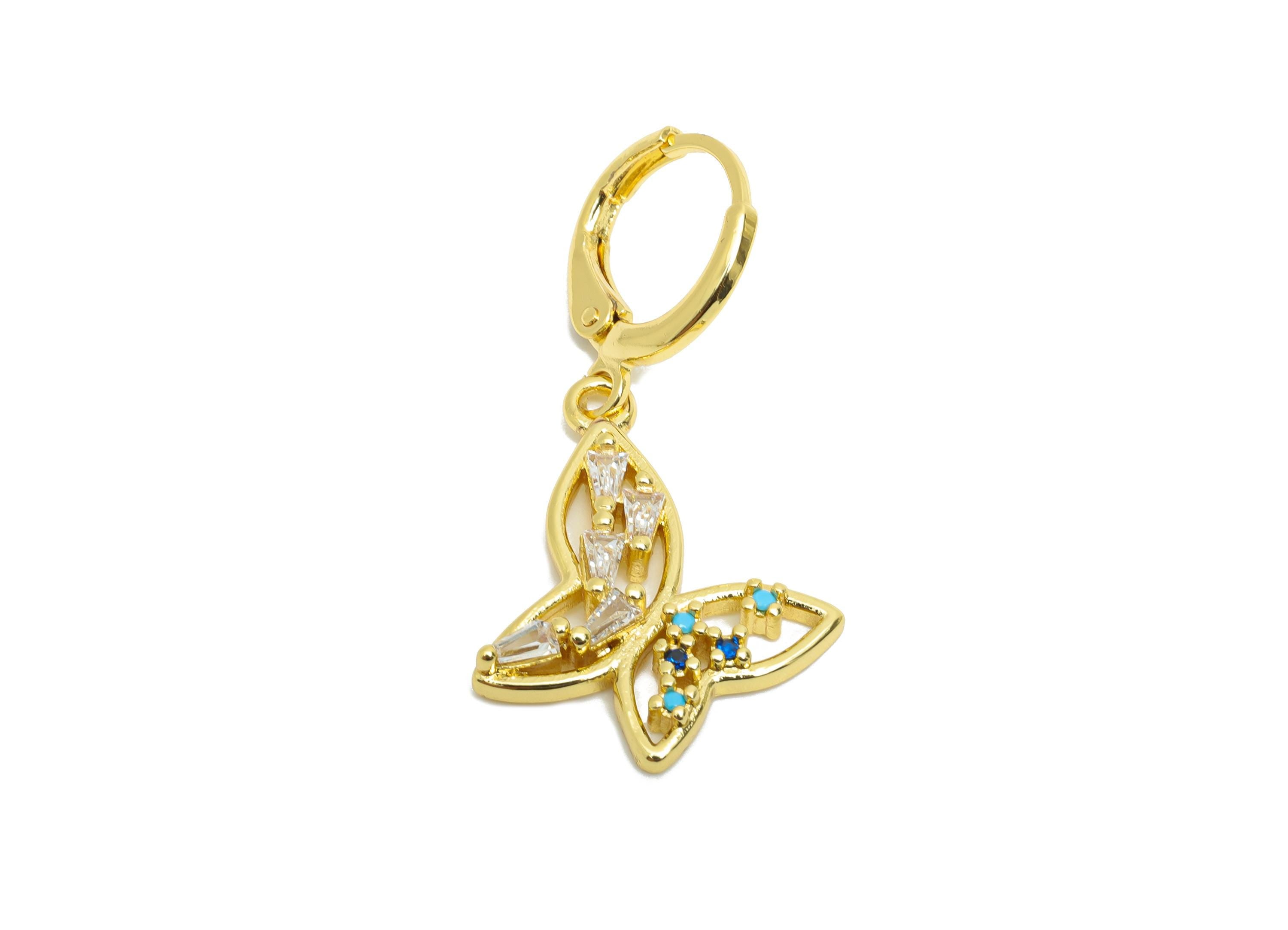 Brass CZ Butterfly Hoop - Zircon Sparking Lever back Hoop - Gold Butterfly Dangle Earring Hoop - 18K Real Gold Plated - 34x18x3mm - RGP9790 - DOMEDBAZAAR