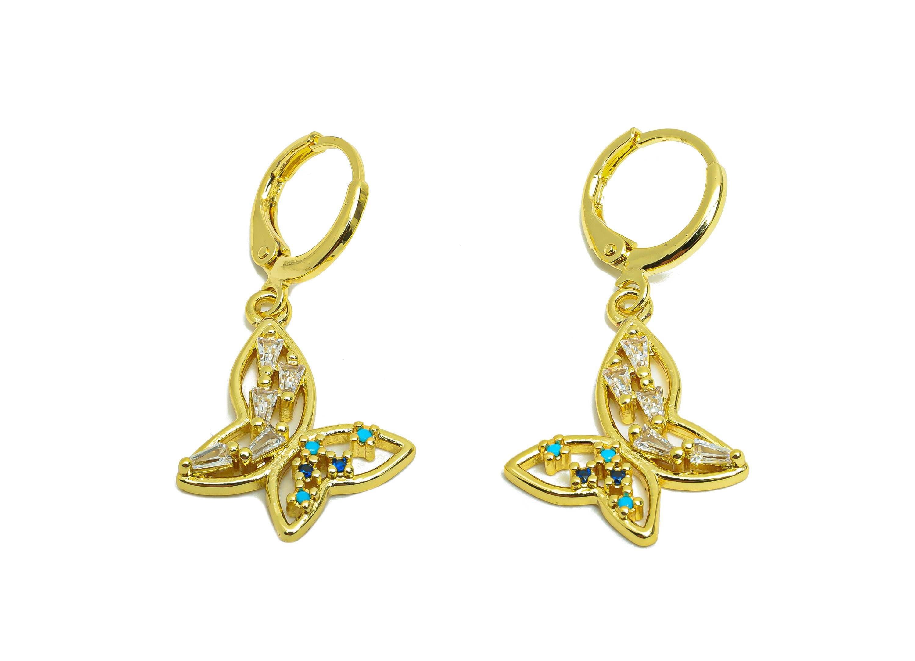 Brass CZ Butterfly Hoop - Zircon Sparking Lever back Hoop - Gold Butterfly Dangle Earring Hoop - 18K Real Gold Plated - 34x18x3mm - RGP9790 - DOMEDBAZAAR