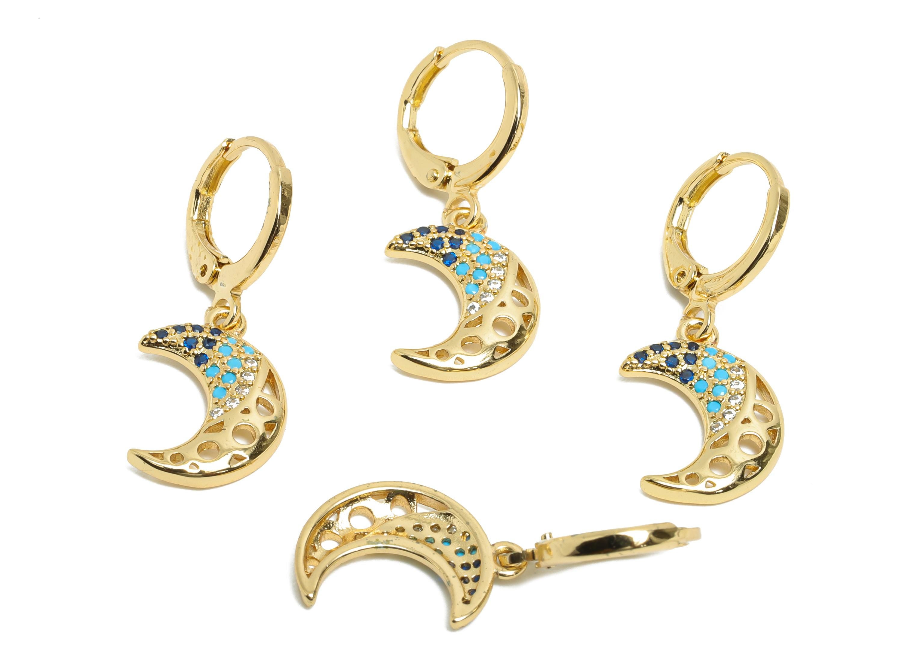 Brass CZ Crescent Hoop - Zircon Sparking Lever back Hoop - Gold Moon Dangle Earring Hoop - 18K Real Gold Plated - 29x11x2.01mm - RGP9810 - DOMEDBAZAAR
