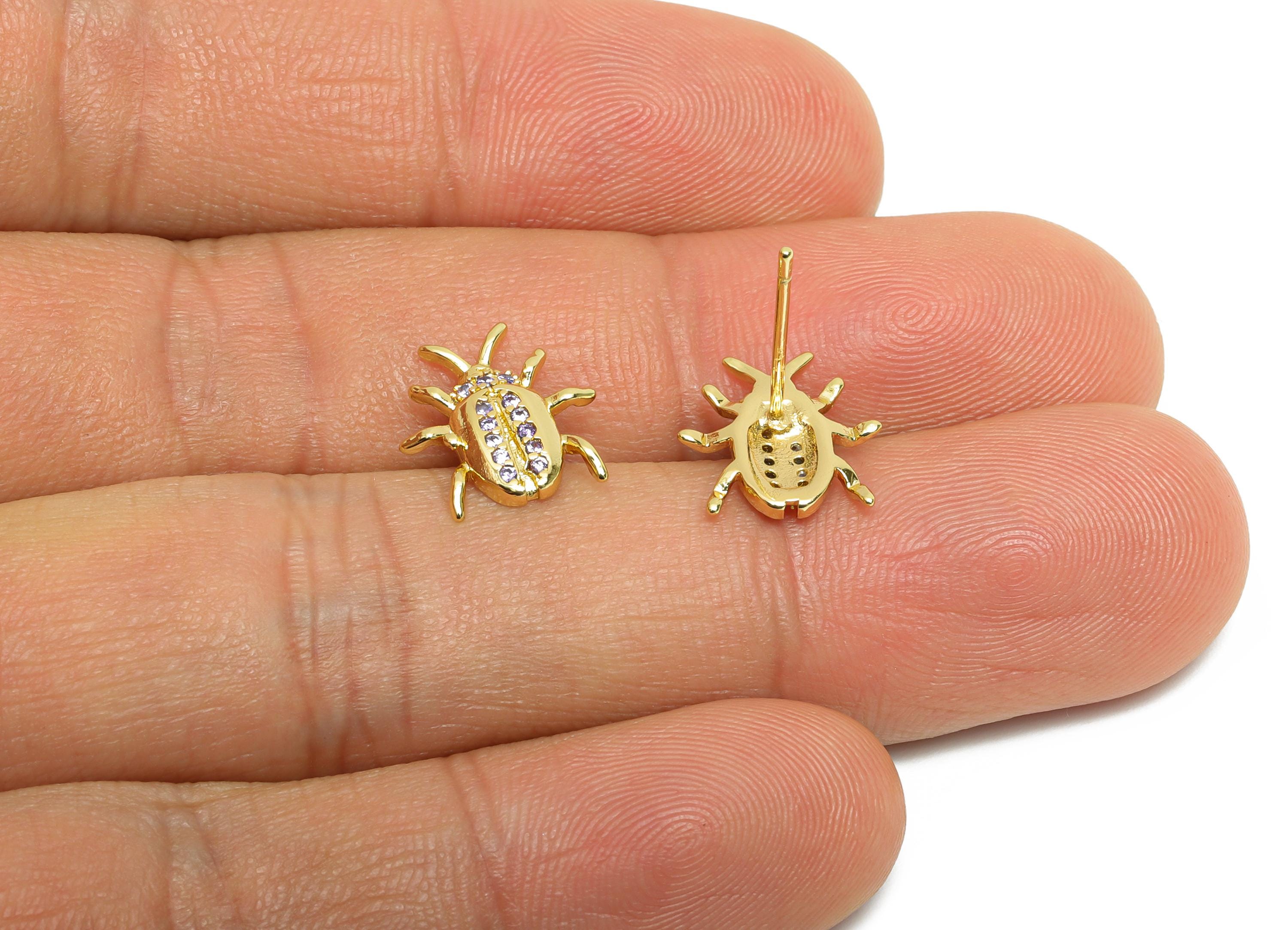 Sparkling Beetle CZ Studs - Gold Dainty Insects Earring Post - Brass Modern Jewelry - 18K Real Gold Plated - 12.04x11.15x0.81mm - RGP9829 - DOMEDBAZAAR