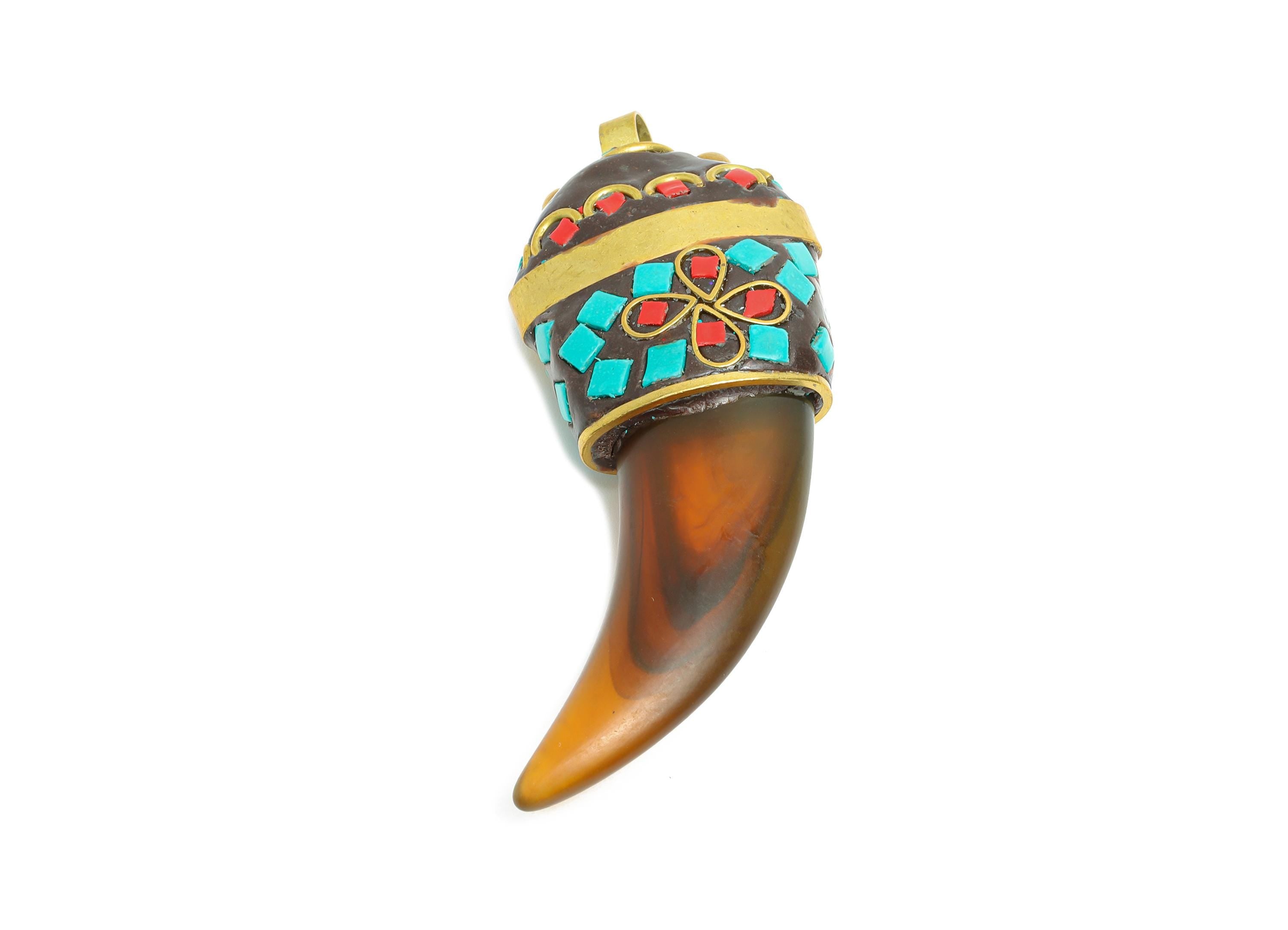 Sandalwood Horn Pendant - Bohemian Polymer Clay Necklace Pendant - Resin Nepalese Handmade Artistry Jewelry - 57.52x24.82x12.71mm - RGP9849 - DOMEDBAZAAR