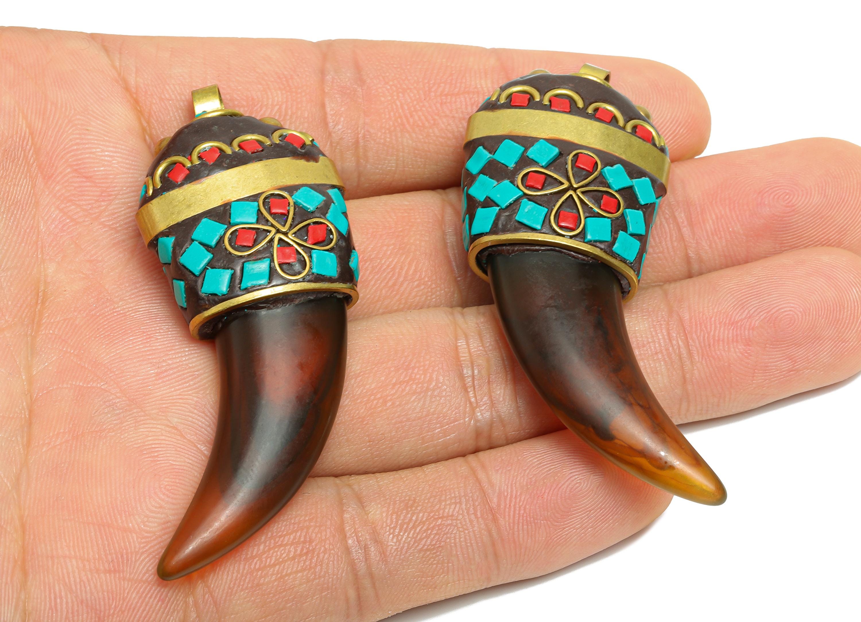 Sandalwood Horn Pendant - Bohemian Polymer Clay Necklace Pendant - Resin Nepalese Handmade Artistry Jewelry - 57.52x24.82x12.71mm - RGP9849 - DOMEDBAZAAR