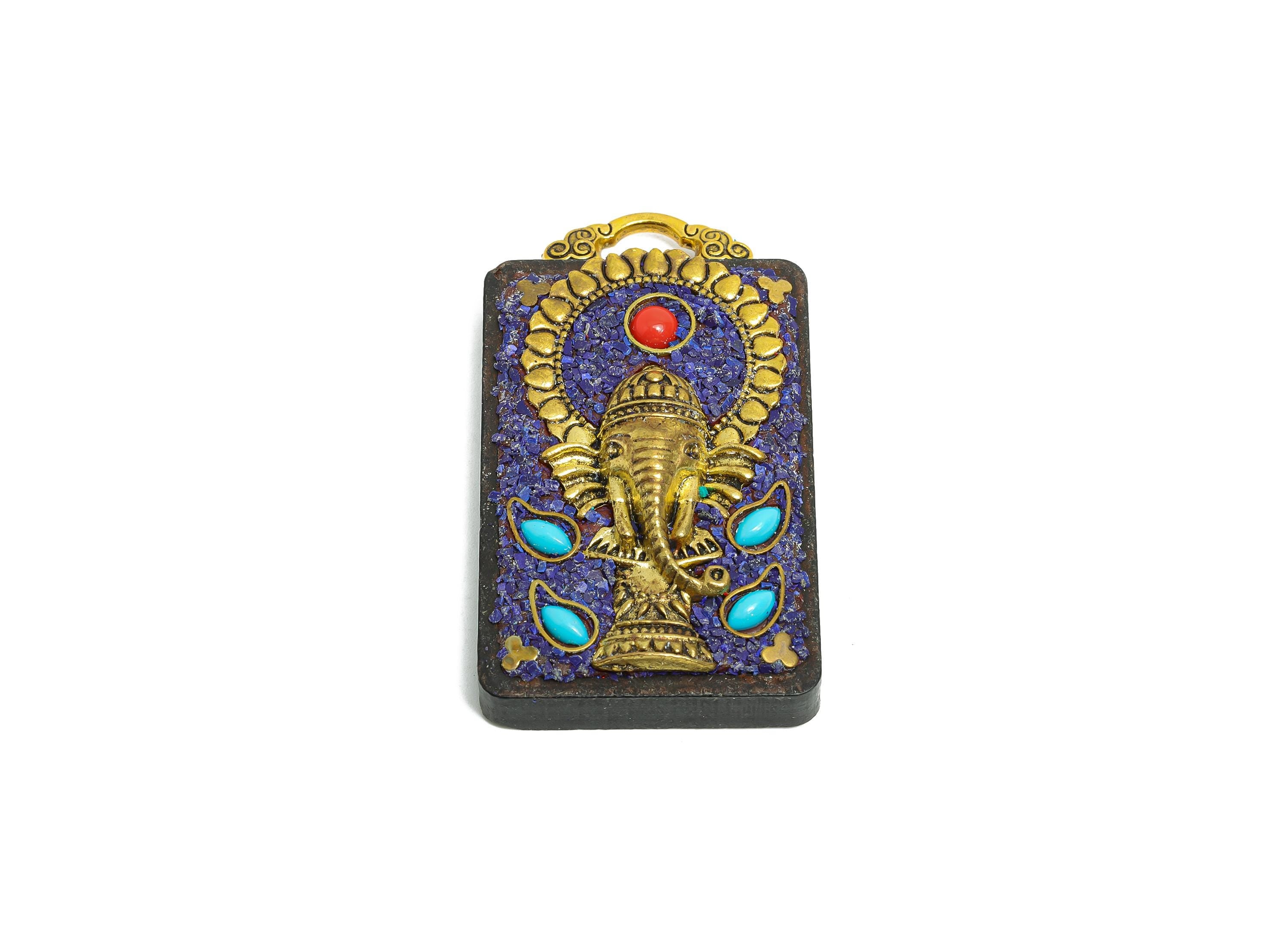 Sandalwood Elephant Pendant - Alloy Ethnic Style Rectangle Necklace Pendant - Resin Nepalese Handmade Jewelry - 58.16x32.48x13.43mm -RGP9847 - DOMEDBAZAAR