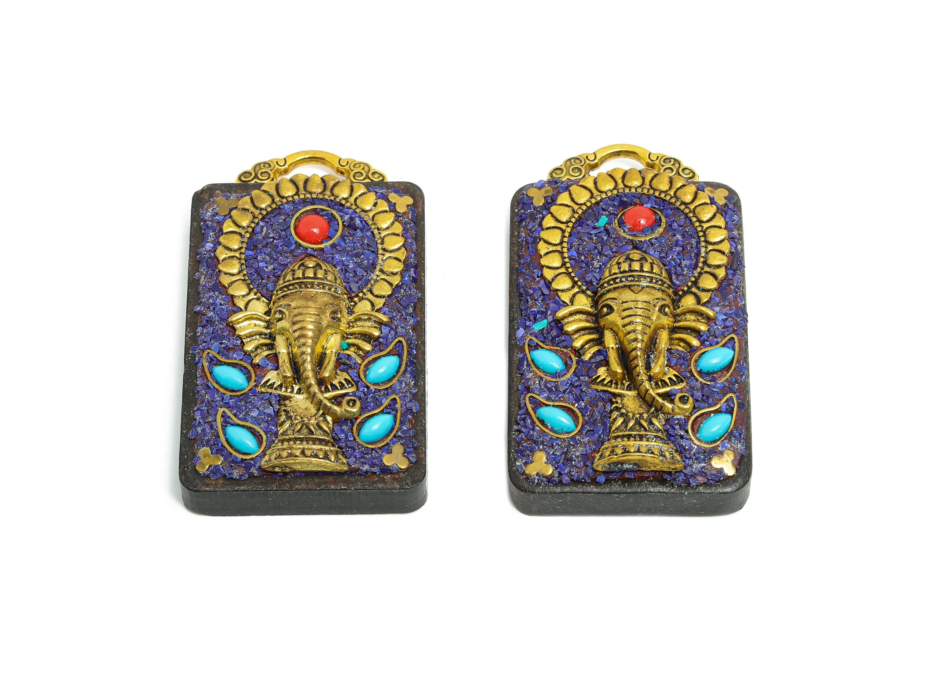 Sandalwood Elephant Pendant - Alloy Ethnic Style Rectangle Necklace Pendant - Resin Nepalese Handmade Jewelry - 58.16x32.48x13.43mm -RGP9847 - DOMEDBAZAAR