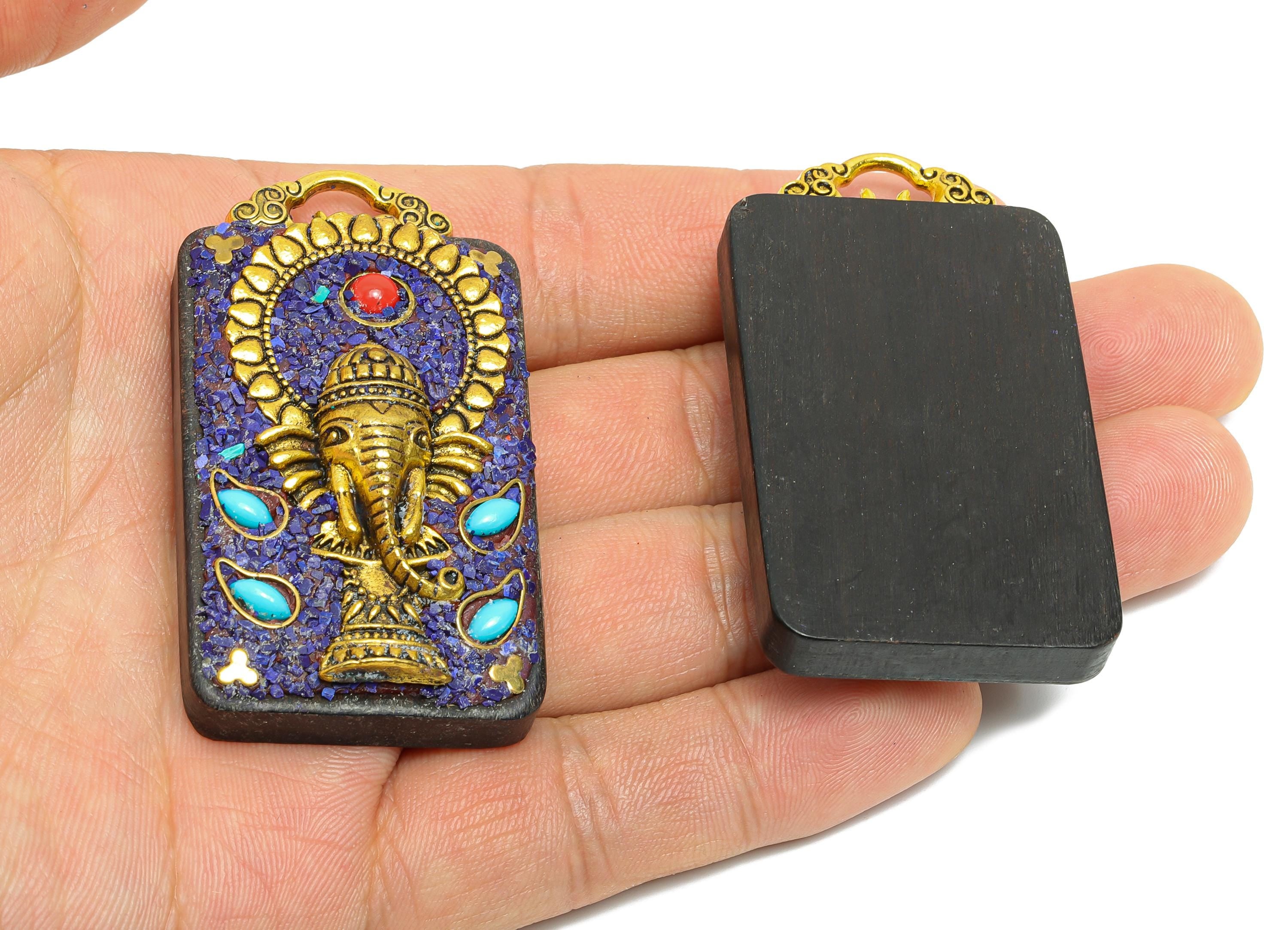 Sandalwood Elephant Pendant - Alloy Ethnic Style Rectangle Necklace Pendant - Resin Nepalese Handmade Jewelry - 58.16x32.48x13.43mm -RGP9847 - DOMEDBAZAAR